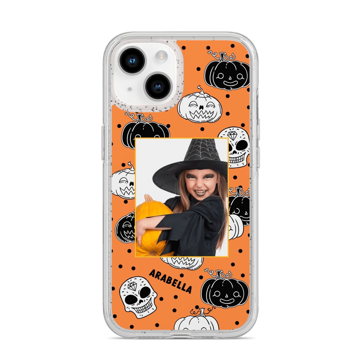 Halloween Pumpkins Photo Upload iPhone 14 Glitter Tough Case Starlight