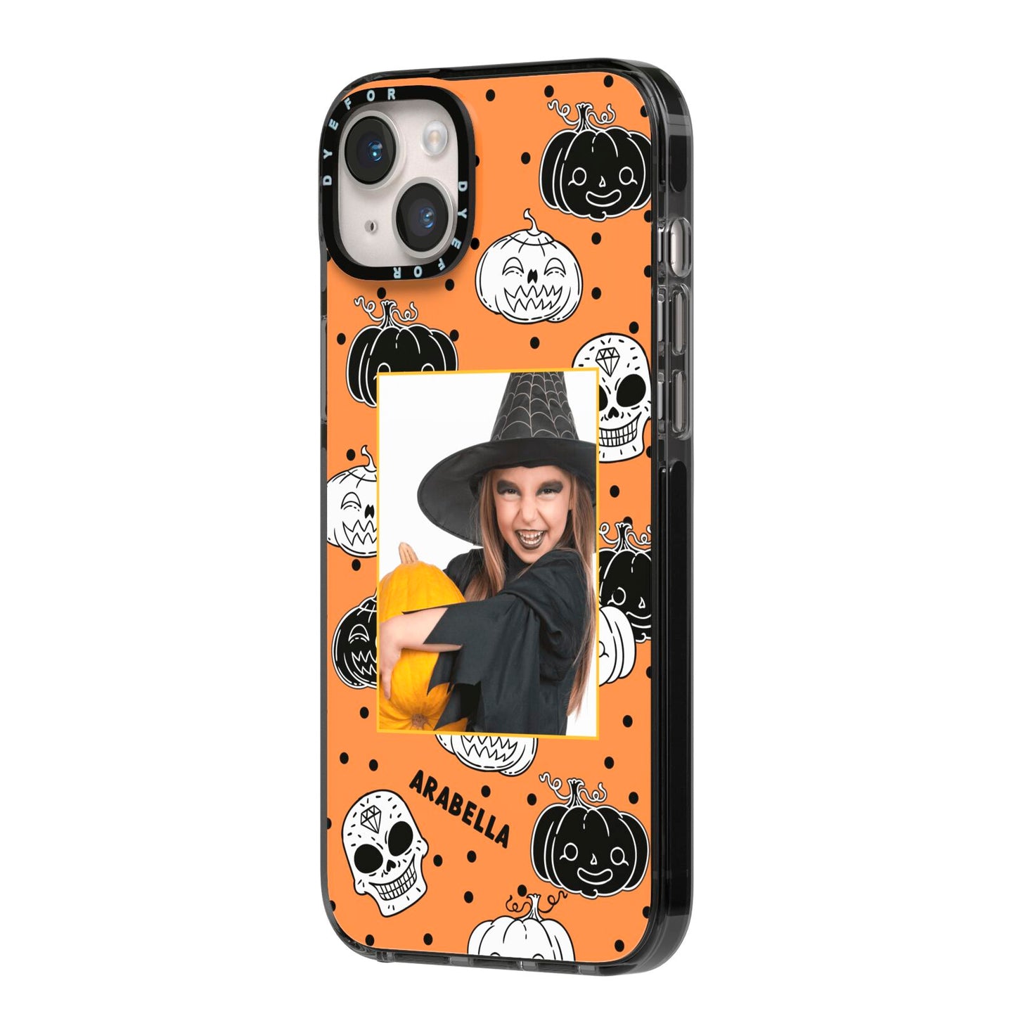 Halloween Pumpkins Photo Upload iPhone 14 Plus Black Impact Case Side Angle on Silver phone