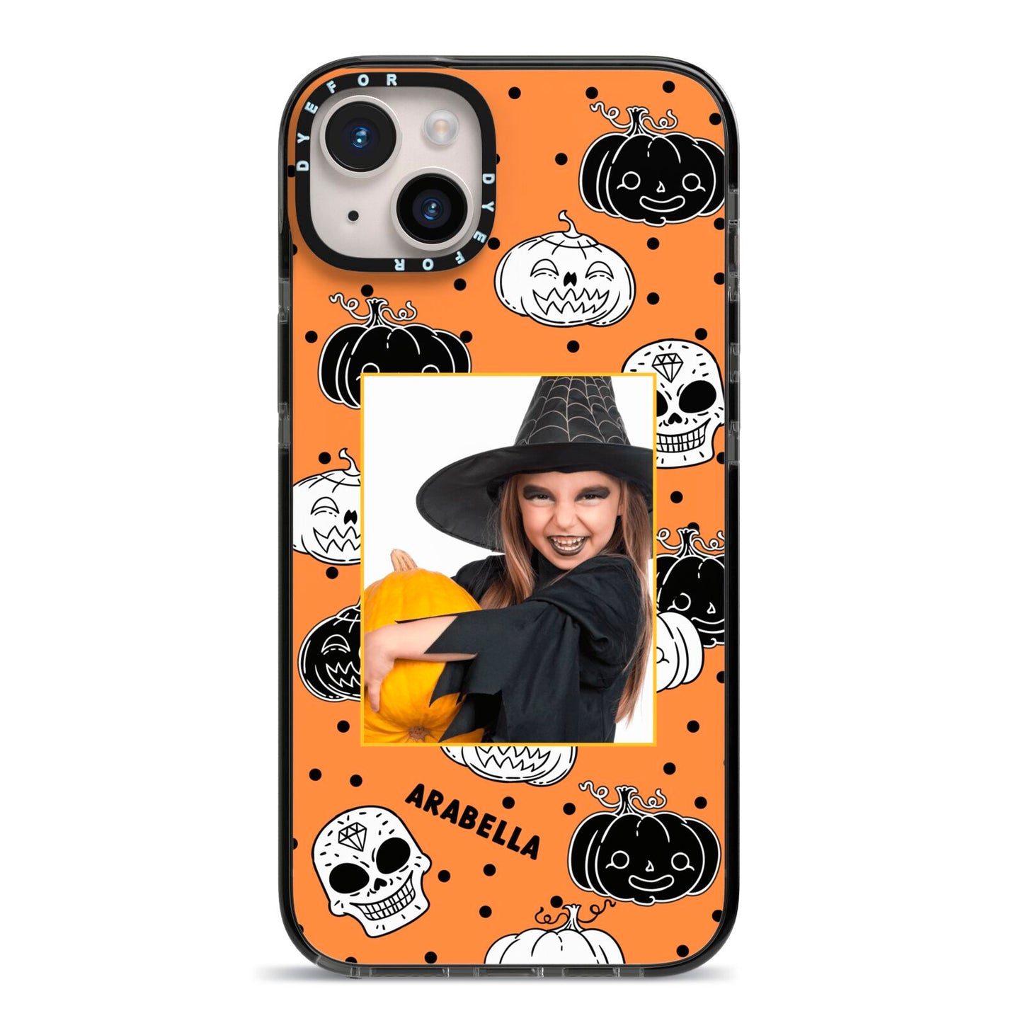 Halloween Pumpkins Photo Upload iPhone 14 Plus Black Impact Case on Silver phone