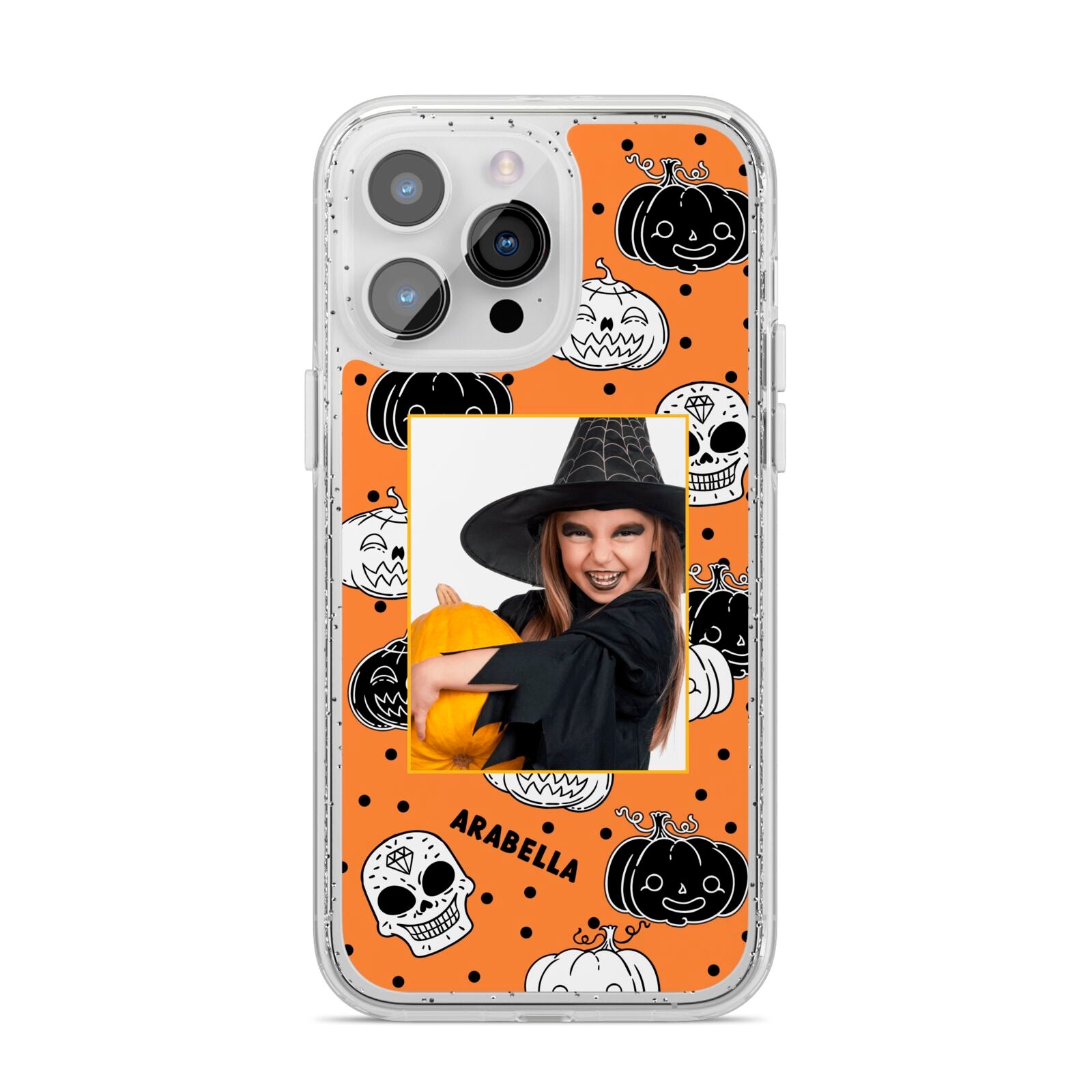 Halloween Pumpkins Photo Upload iPhone 14 Pro Max Glitter Tough Case Silver