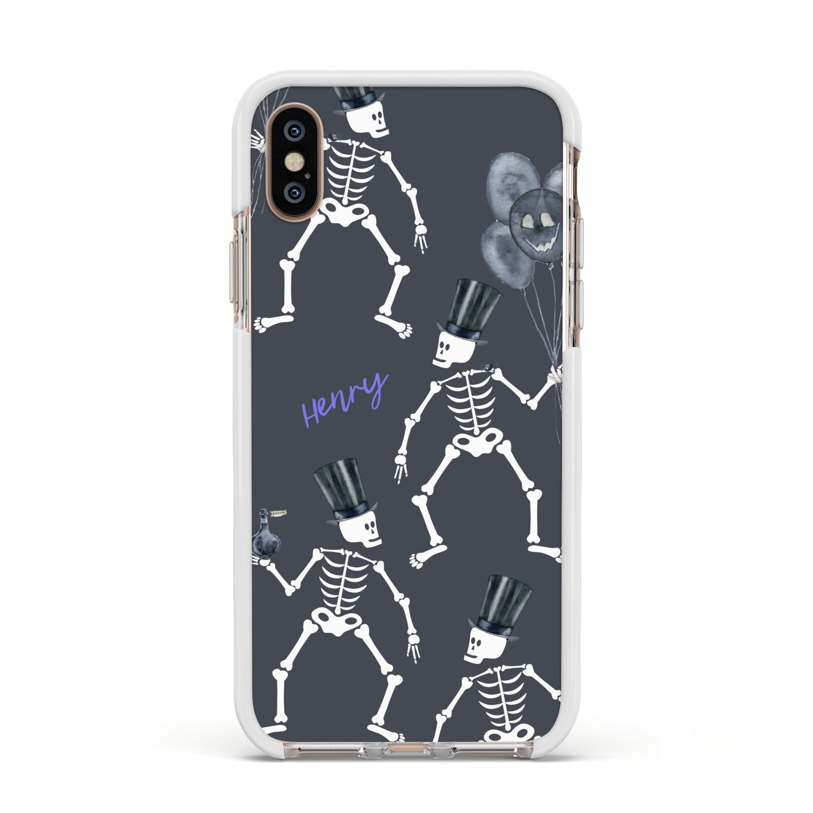 Halloween Skeleton Apple iPhone Xs Impact Case White Edge on Gold Phone