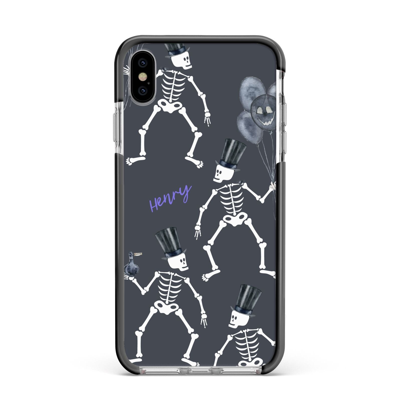 Halloween Skeleton Apple iPhone Xs Max Impact Case Black Edge on Silver Phone