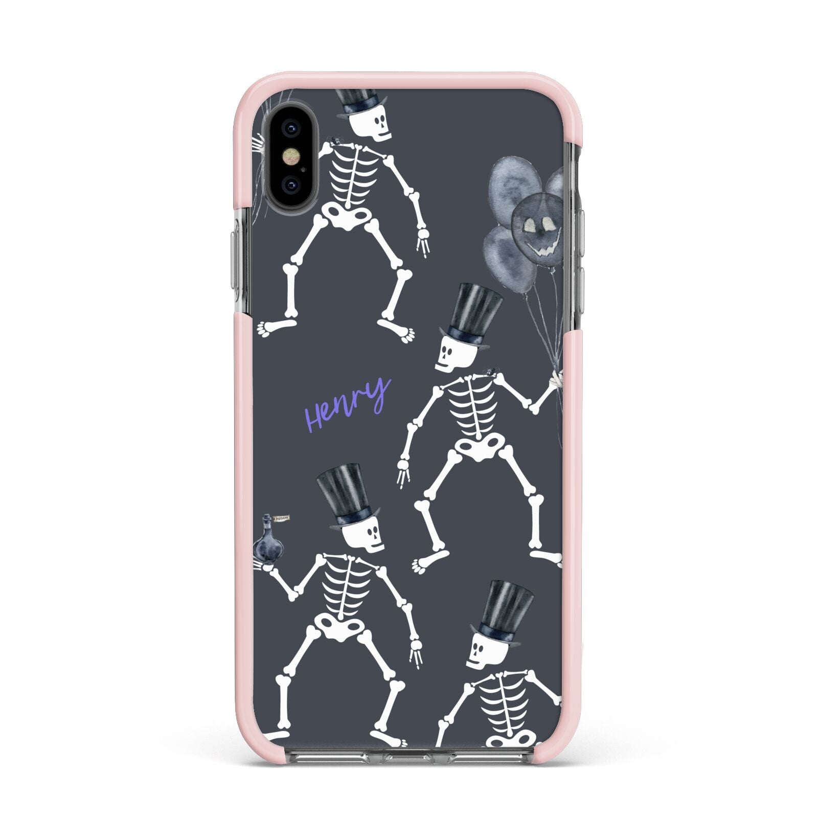 Halloween Skeleton Apple iPhone Xs Max Impact Case Pink Edge on Black Phone