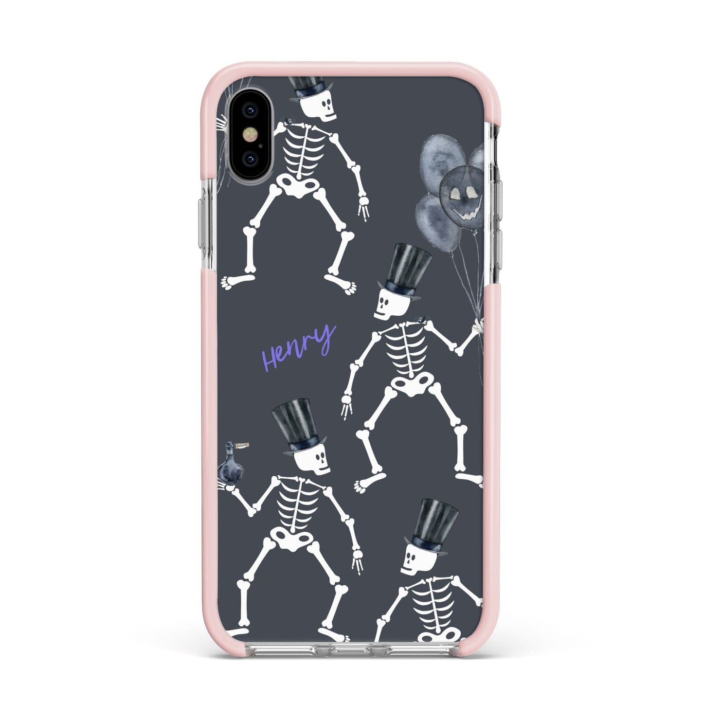 Halloween Skeleton Apple iPhone Xs Max Impact Case Pink Edge on Silver Phone