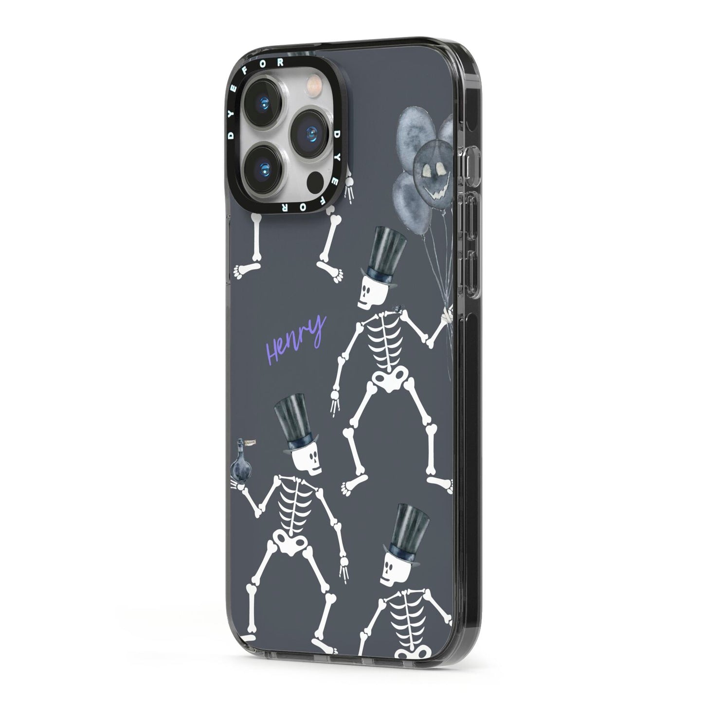 Halloween Skeleton iPhone 13 Pro Max Black Impact Case Side Angle on Silver phone