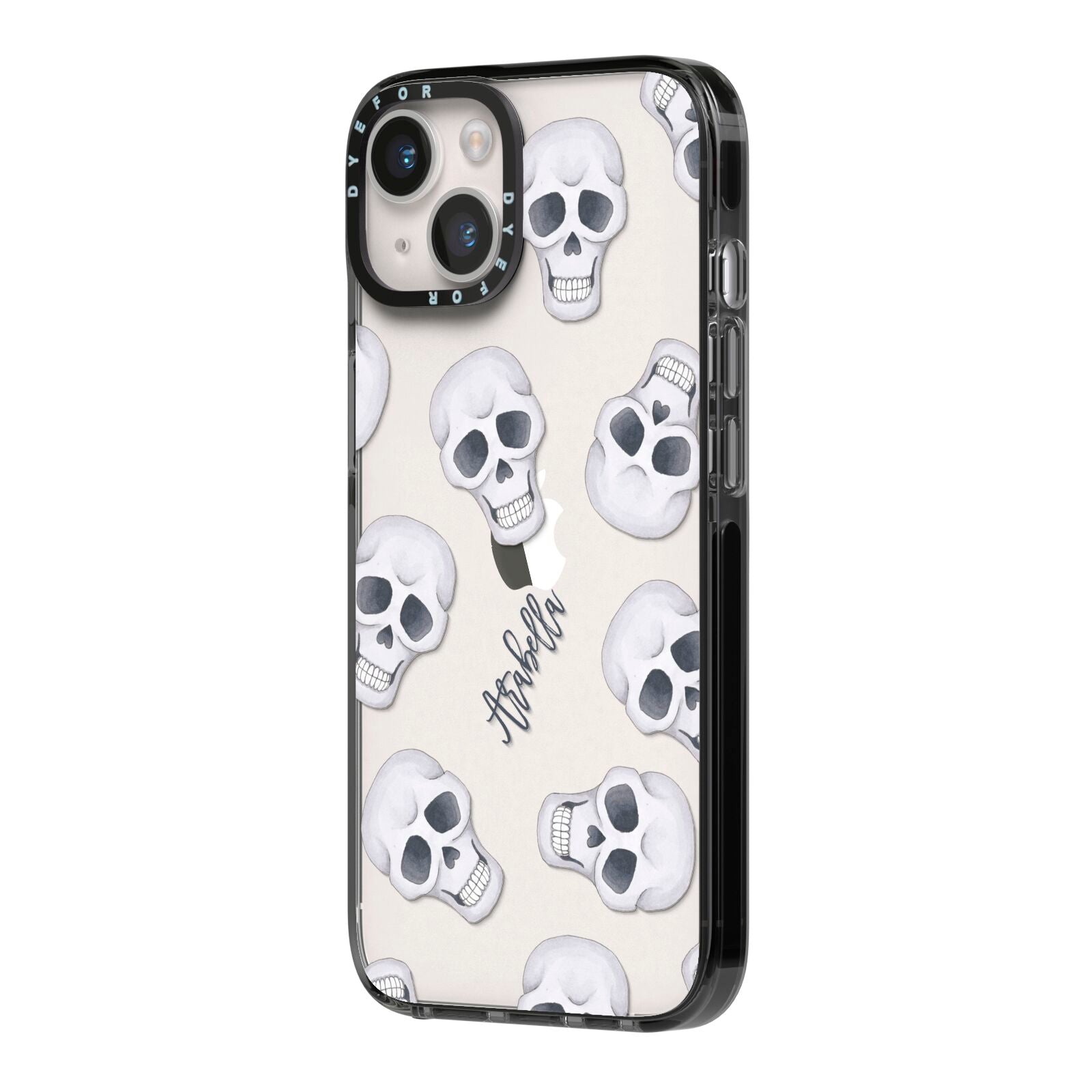 Halloween Skulls iPhone 14 Black Impact Case Side Angle on Silver phone