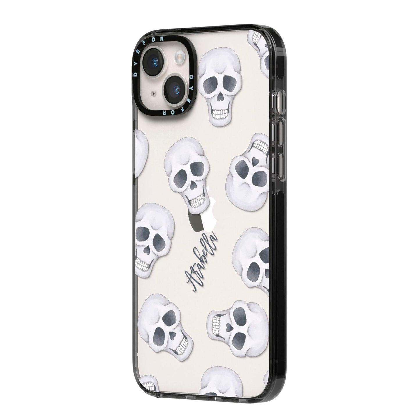 Halloween Skulls iPhone 14 Plus Black Impact Case Side Angle on Silver phone