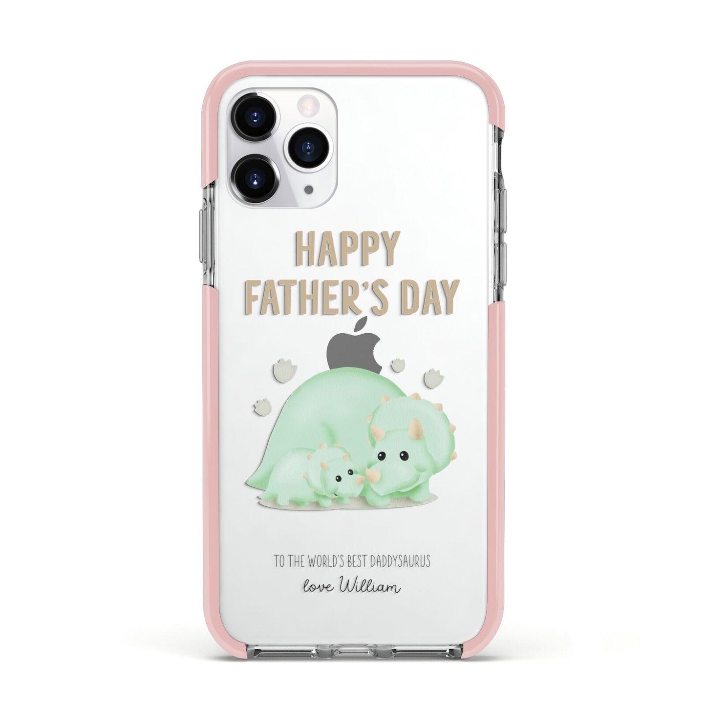 Happy Fathers Day Custom Triceratops Apple iPhone 11 Pro in Silver with Pink Impact Case