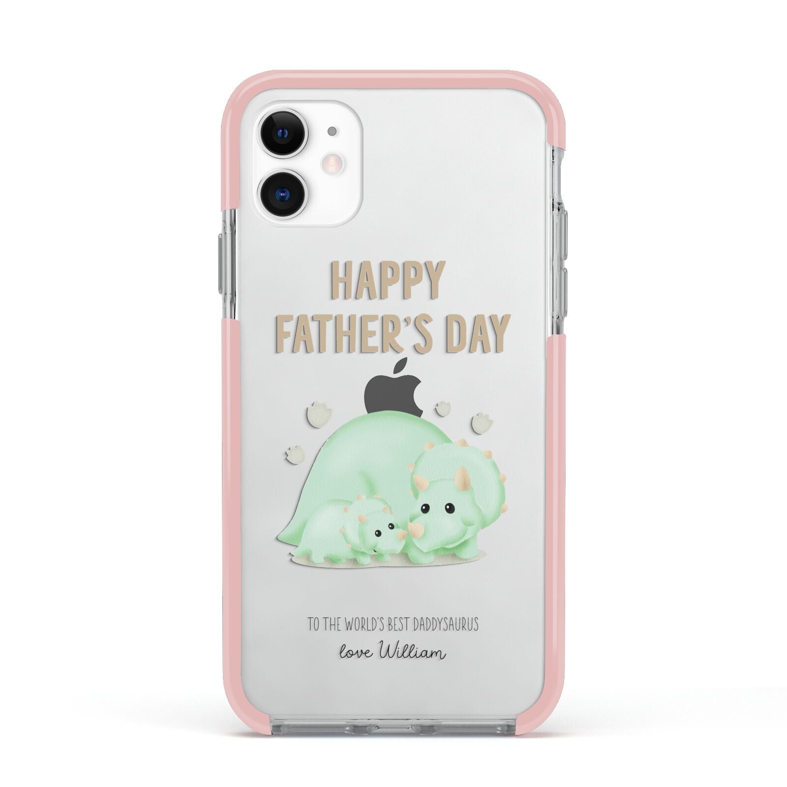 Happy Fathers Day Custom Triceratops Apple iPhone 11 in White with Pink Impact Case