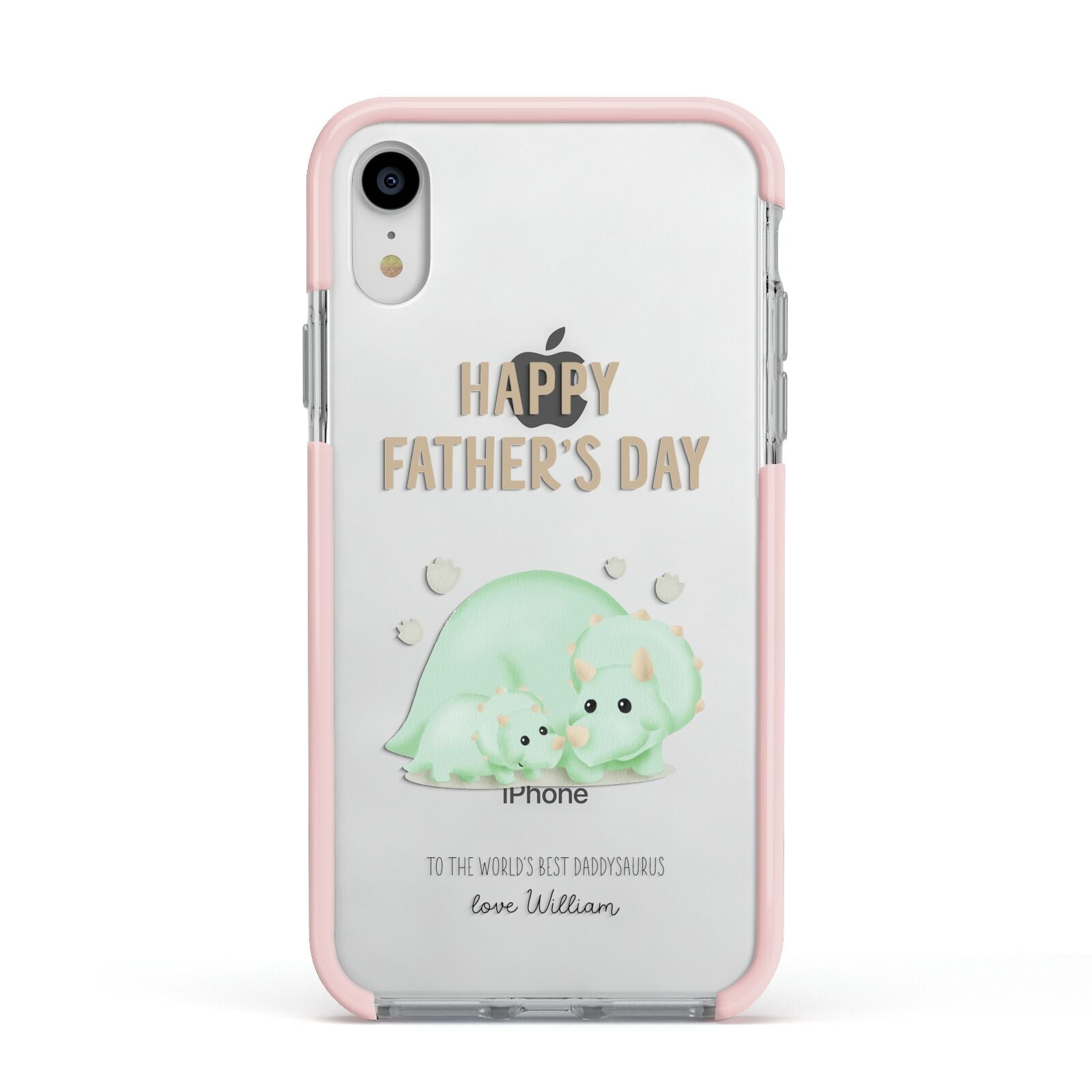 Happy Fathers Day Custom Triceratops Apple iPhone XR Impact Case Pink Edge on Silver Phone