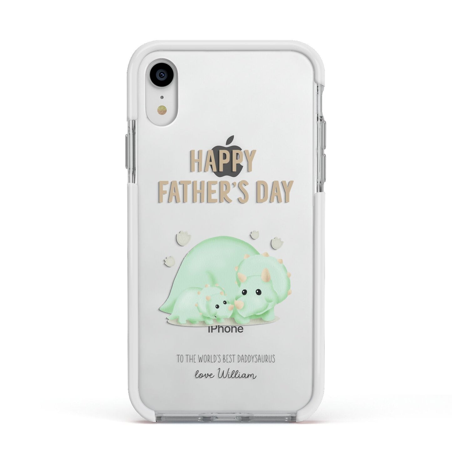 Happy Fathers Day Custom Triceratops Apple iPhone XR Impact Case White Edge on Silver Phone