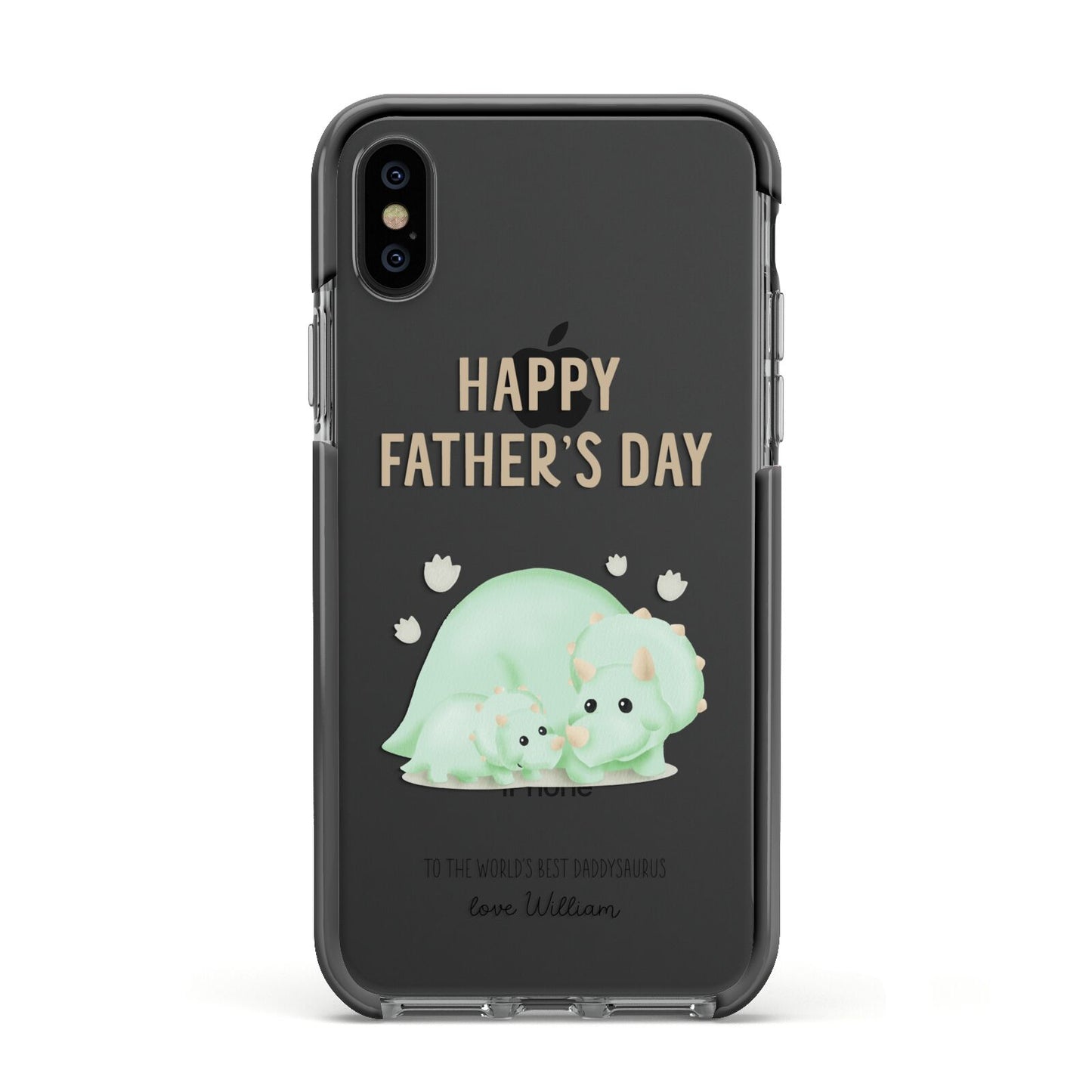 Happy Fathers Day Custom Triceratops Apple iPhone Xs Impact Case Black Edge on Black Phone