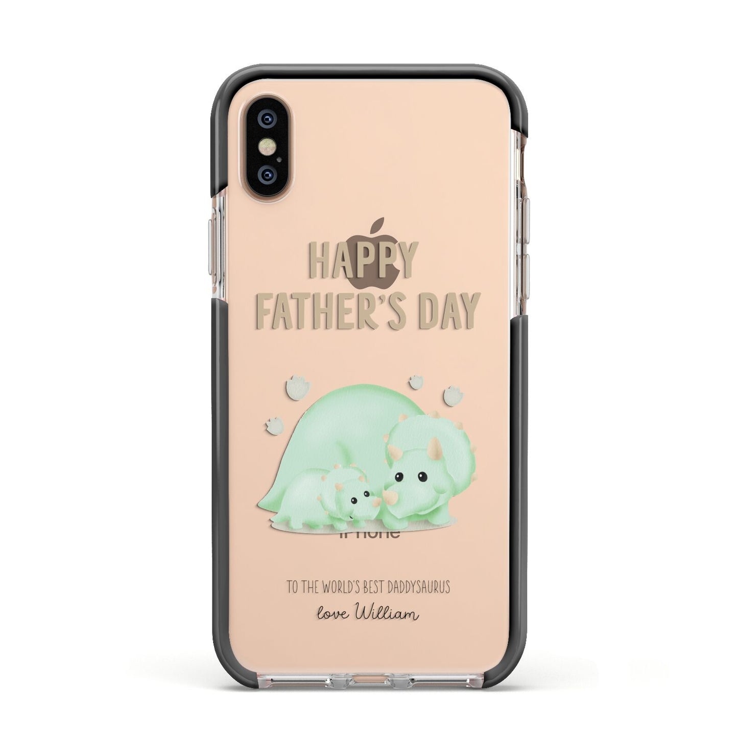 Happy Fathers Day Custom Triceratops Apple iPhone Xs Impact Case Black Edge on Gold Phone