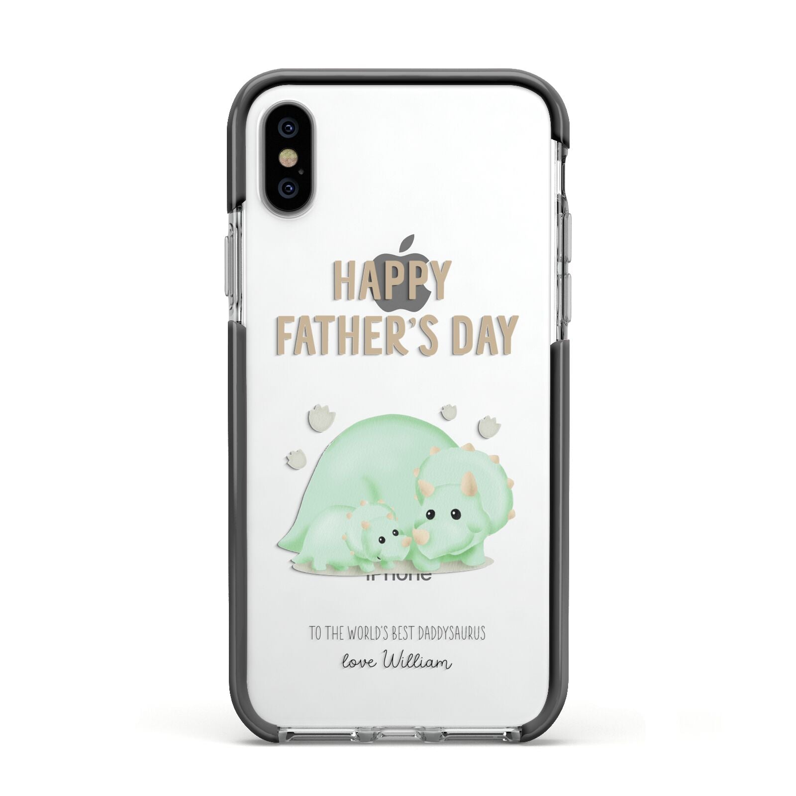 Happy Fathers Day Custom Triceratops Apple iPhone Xs Impact Case Black Edge on Silver Phone