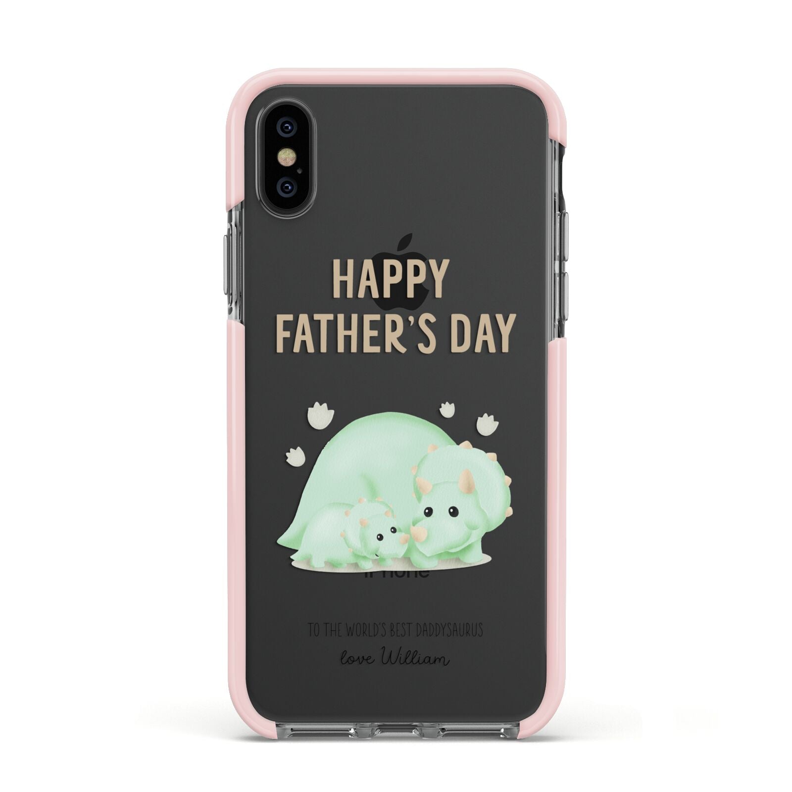 Happy Fathers Day Custom Triceratops Apple iPhone Xs Impact Case Pink Edge on Black Phone