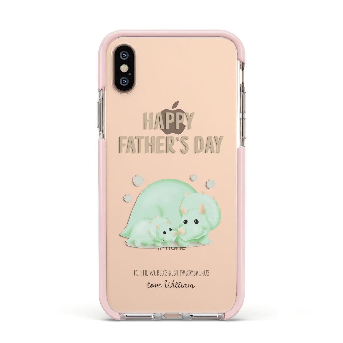 Happy Fathers Day Custom Triceratops Apple iPhone Xs Impact Case Pink Edge on Gold Phone