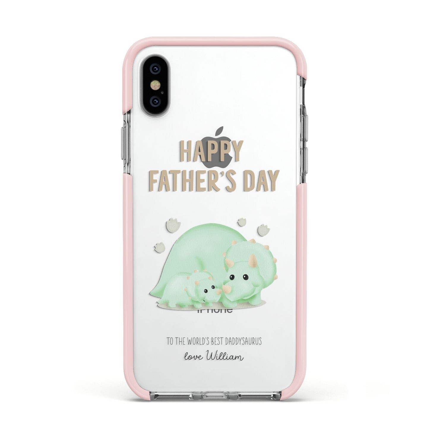 Happy Fathers Day Custom Triceratops Apple iPhone Xs Impact Case Pink Edge on Silver Phone