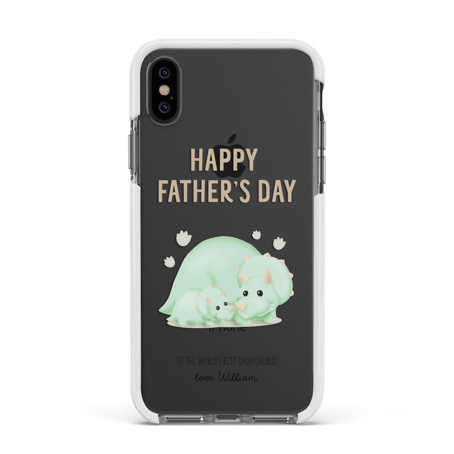 Happy Fathers Day Custom Triceratops Apple iPhone Xs Impact Case White Edge on Black Phone