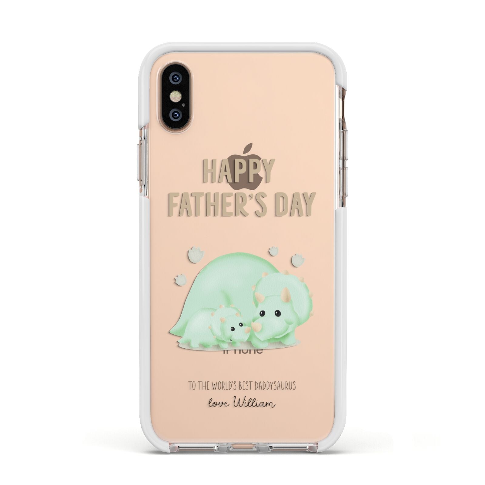 Happy Fathers Day Custom Triceratops Apple iPhone Xs Impact Case White Edge on Gold Phone