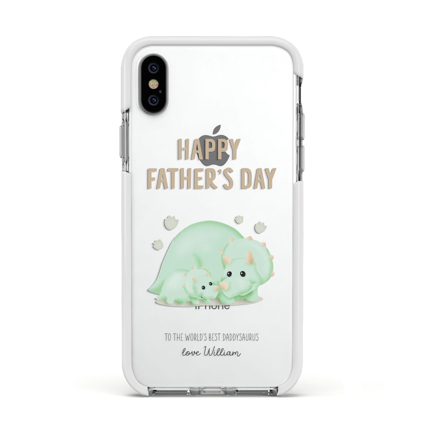 Happy Fathers Day Custom Triceratops Apple iPhone Xs Impact Case White Edge on Silver Phone