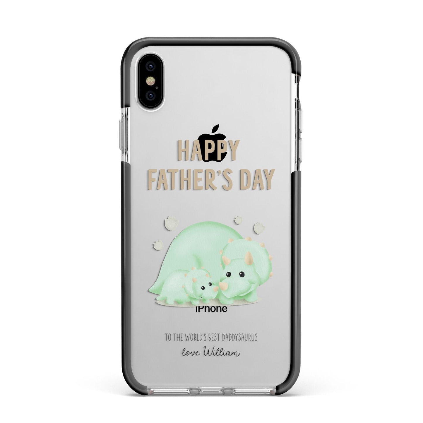 Happy Fathers Day Custom Triceratops Apple iPhone Xs Max Impact Case Black Edge on Silver Phone