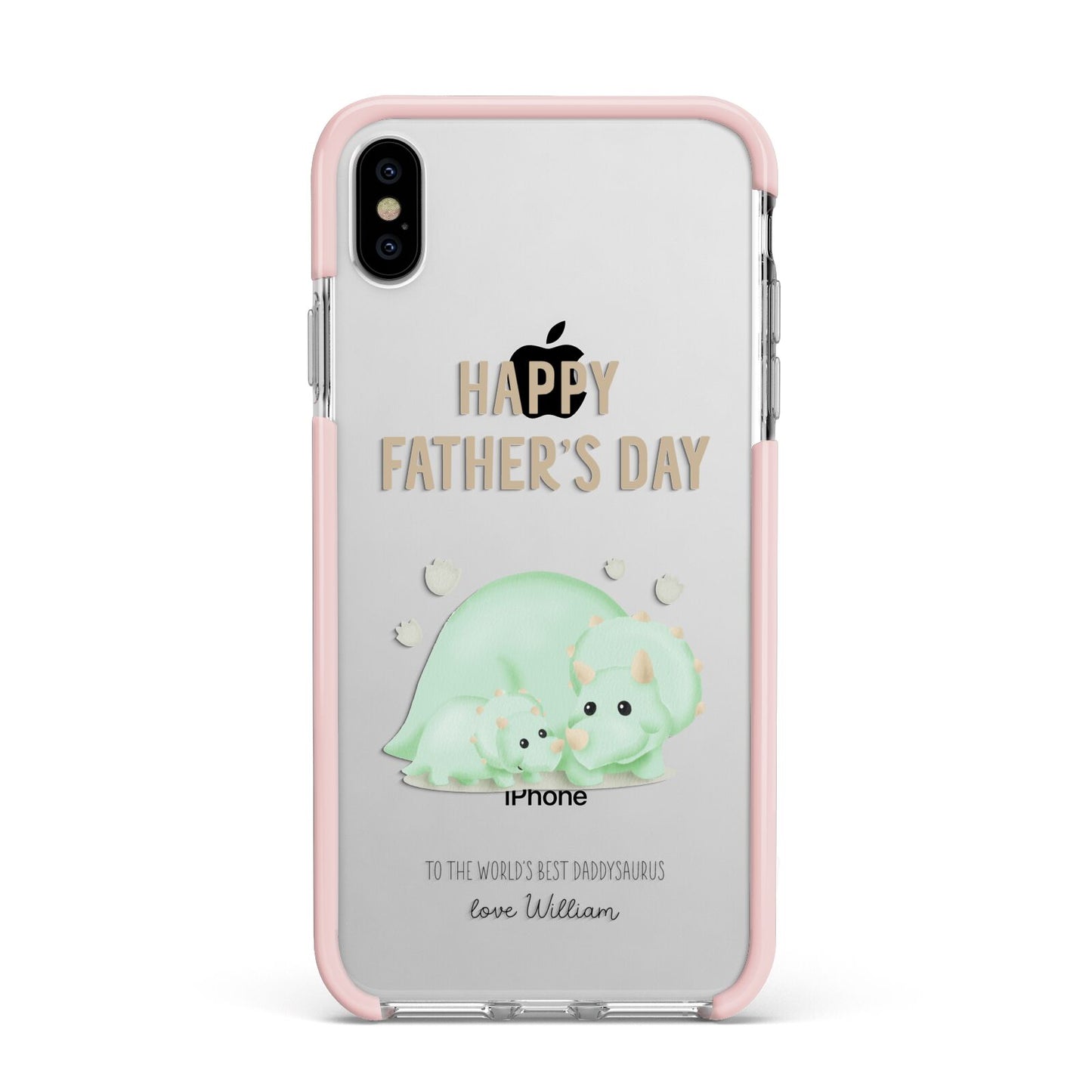 Happy Fathers Day Custom Triceratops Apple iPhone Xs Max Impact Case Pink Edge on Silver Phone
