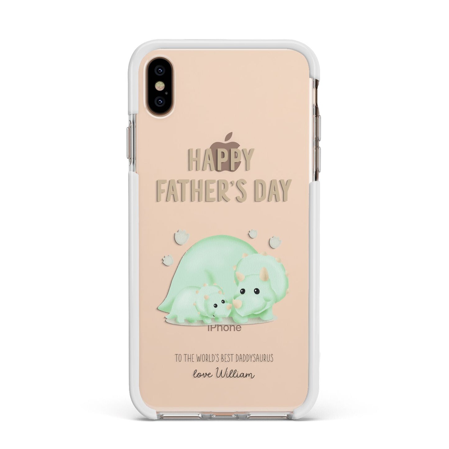 Happy Fathers Day Custom Triceratops Apple iPhone Xs Max Impact Case White Edge on Gold Phone