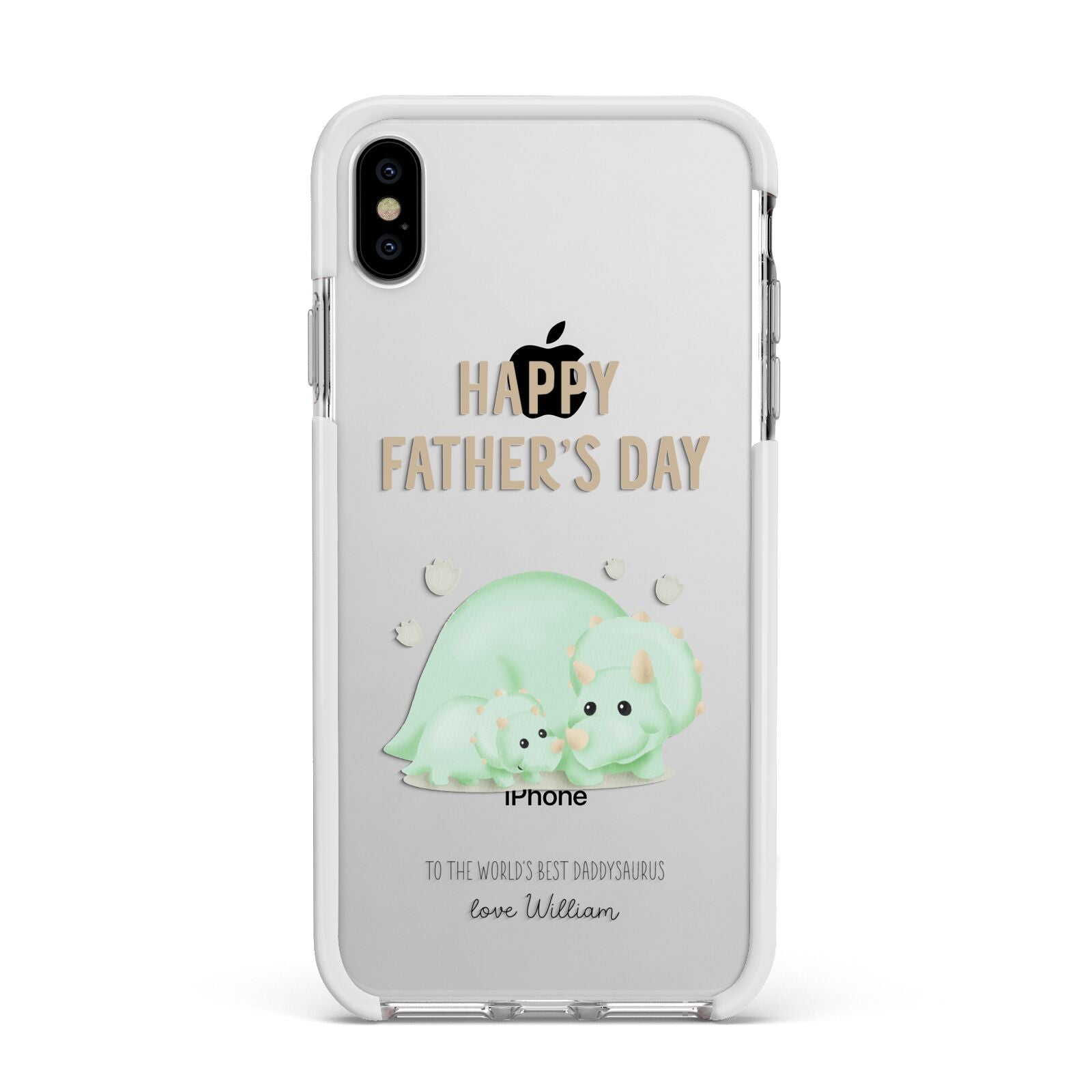 Happy Fathers Day Custom Triceratops Apple iPhone Xs Max Impact Case White Edge on Silver Phone