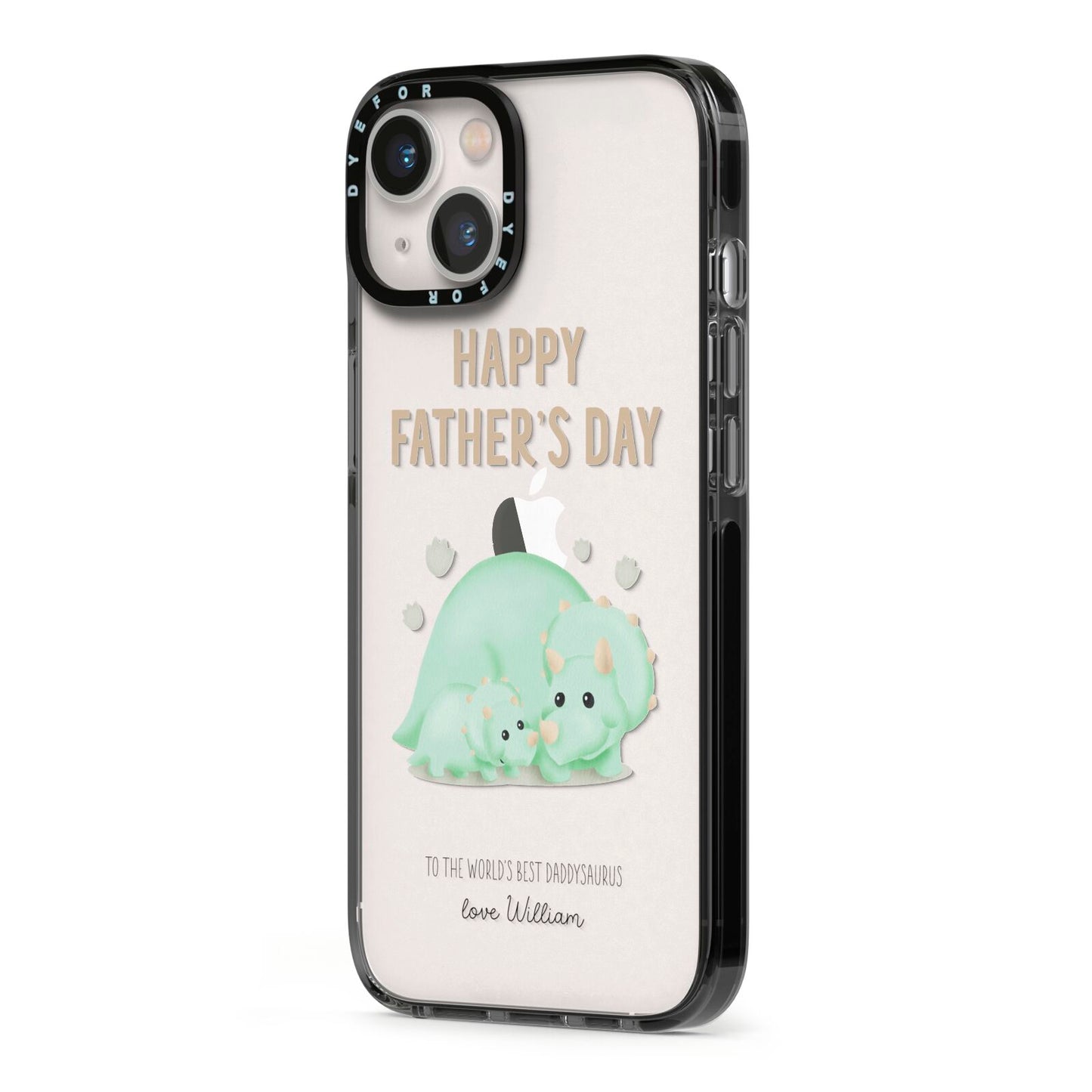 Happy Fathers Day Custom Triceratops iPhone 13 Black Impact Case Side Angle on Silver phone