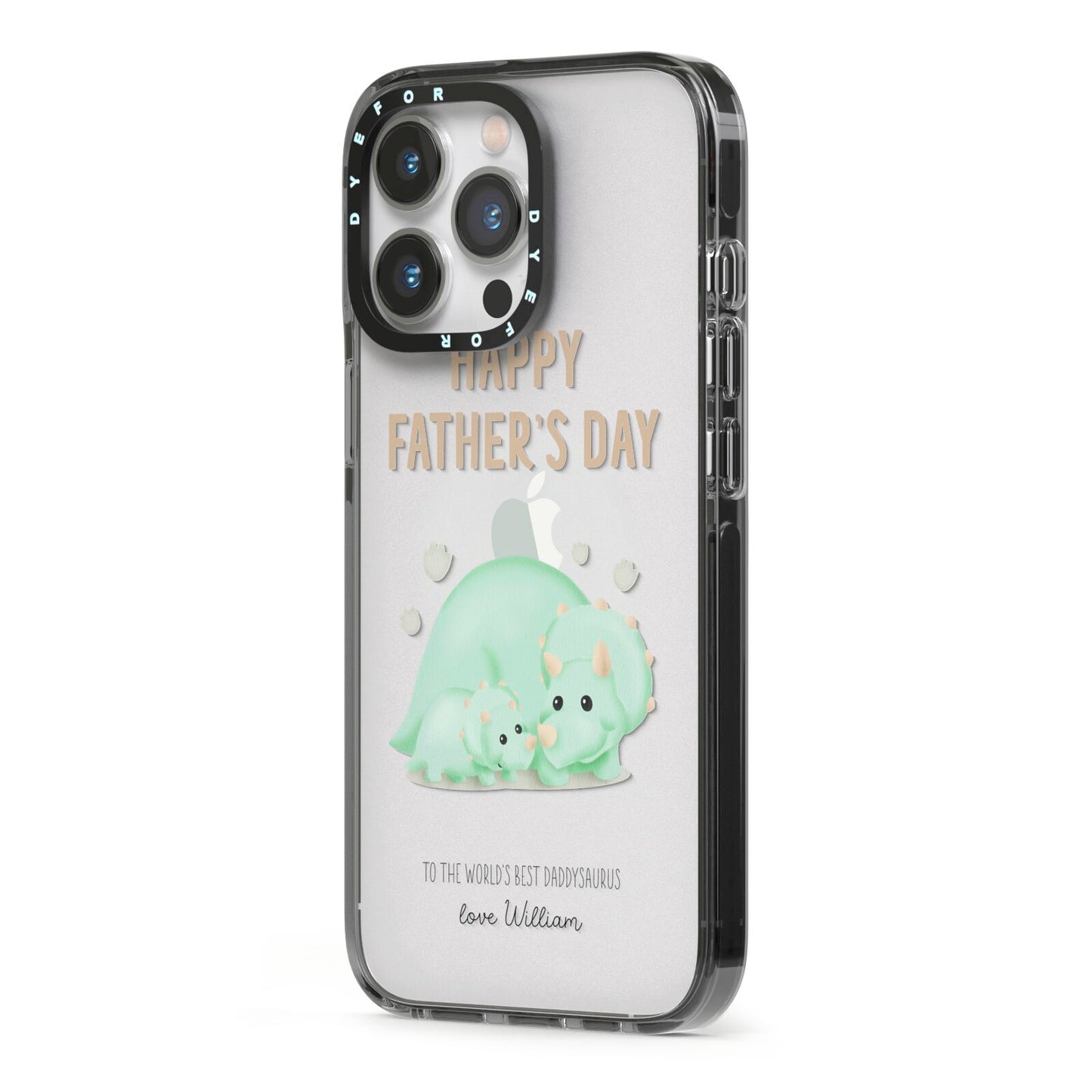 Happy Fathers Day Custom Triceratops iPhone 13 Pro Black Impact Case Side Angle on Silver phone