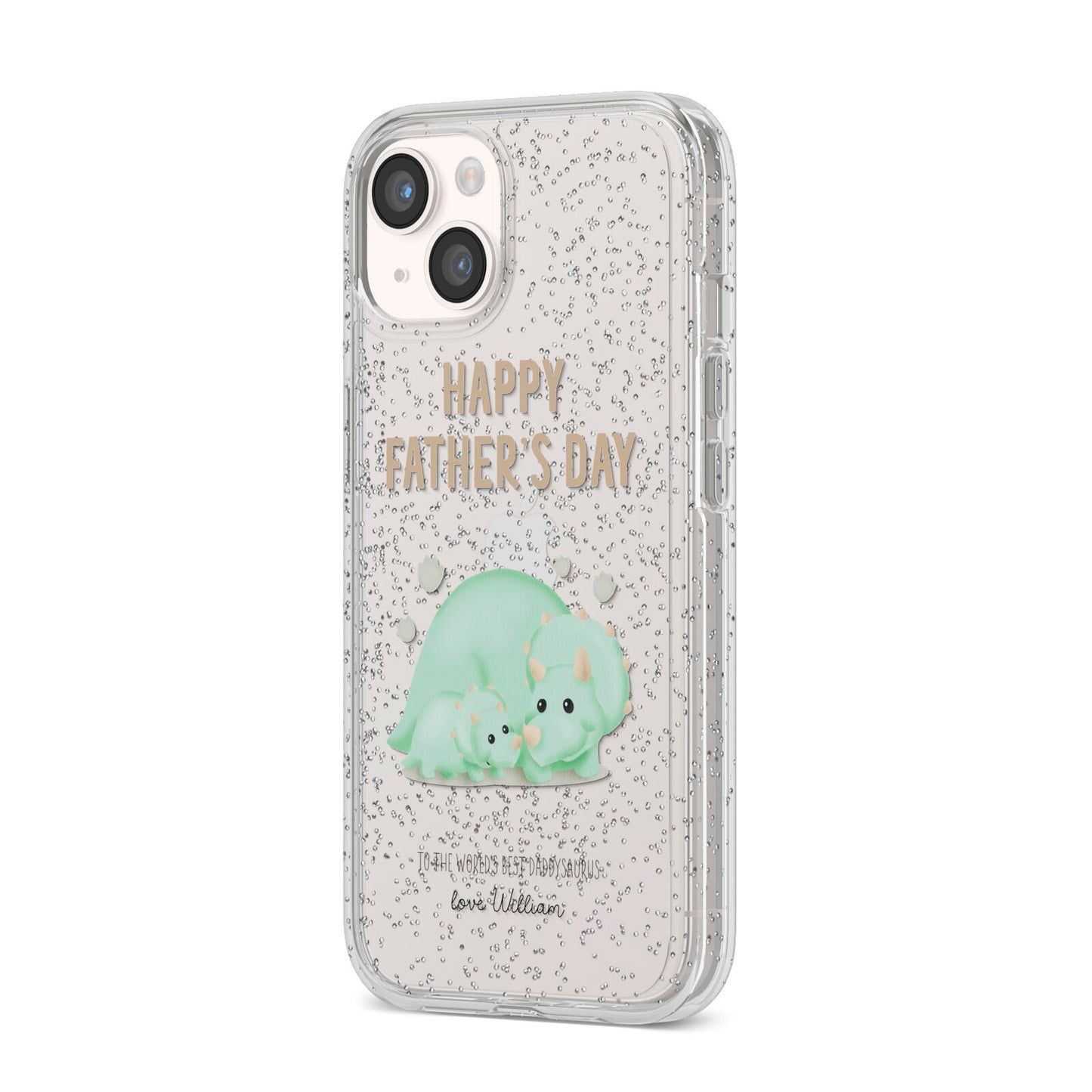 Happy Fathers Day Custom Triceratops iPhone 14 Glitter Tough Case Starlight Angled Image