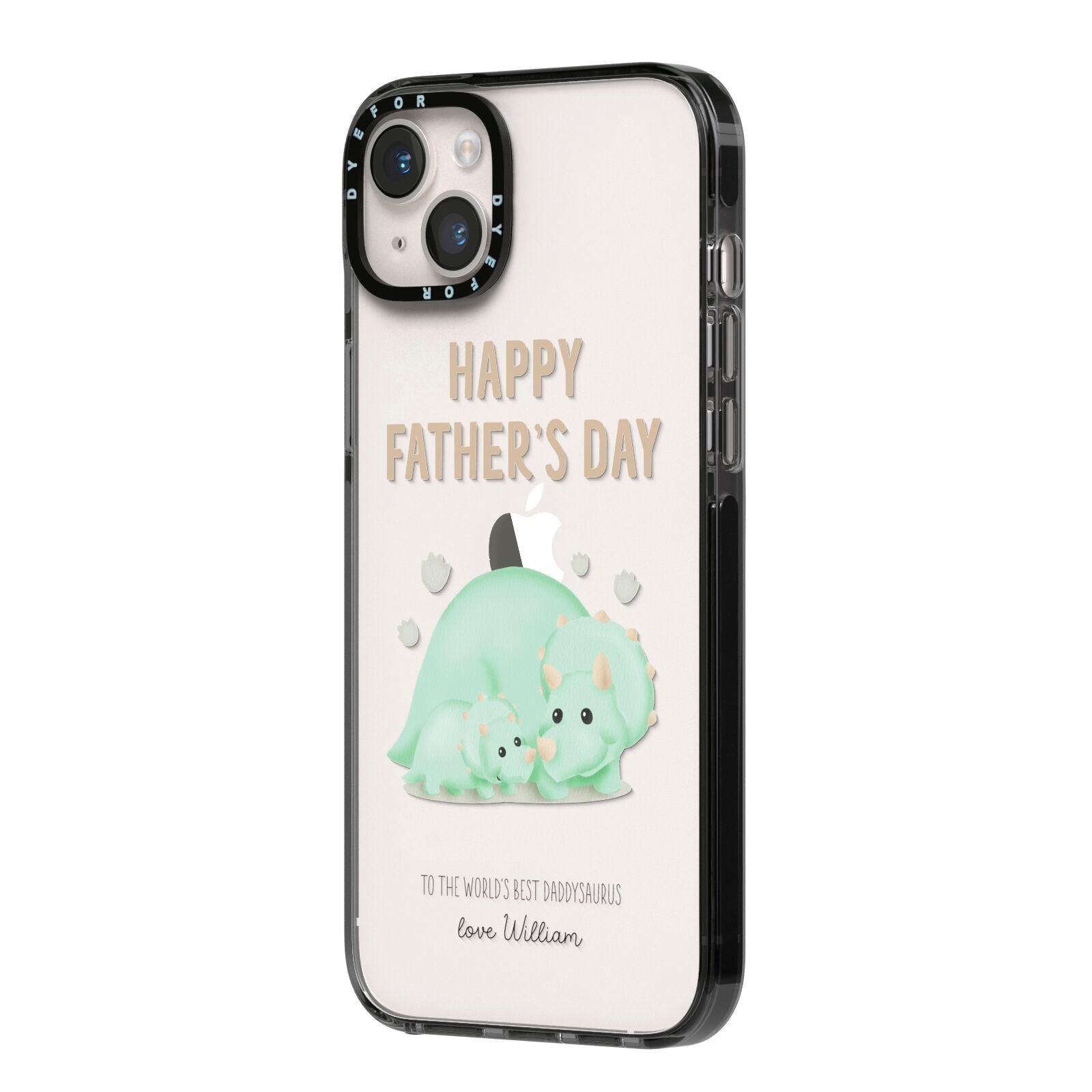 Happy Fathers Day Custom Triceratops iPhone 14 Plus Black Impact Case Side Angle on Silver phone