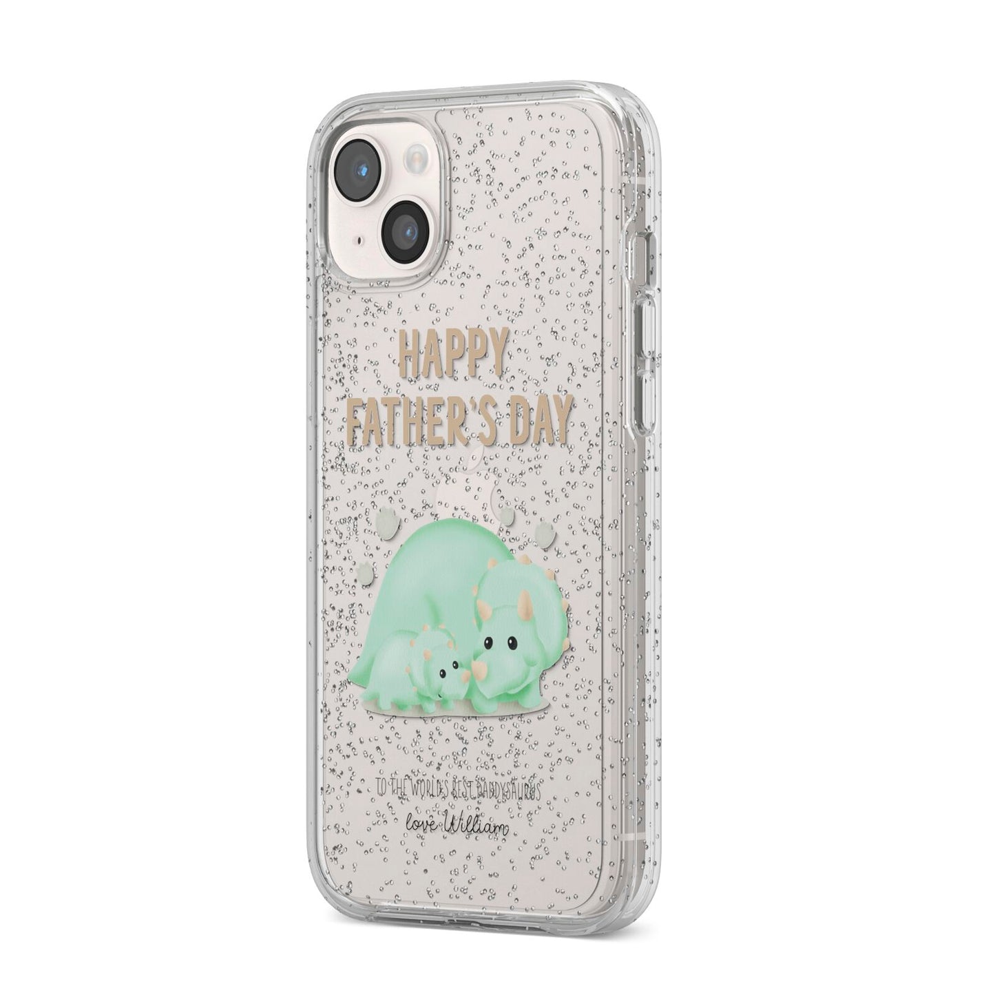 Happy Fathers Day Custom Triceratops iPhone 14 Plus Glitter Tough Case Starlight Angled Image