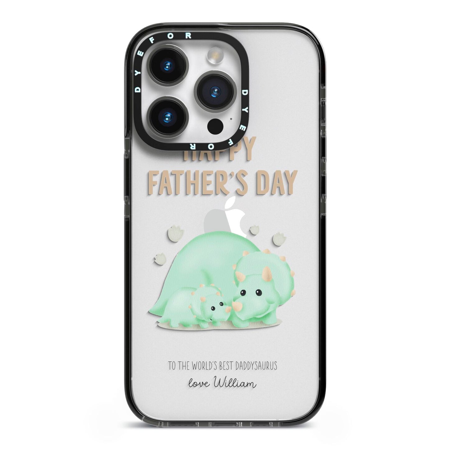 Happy Fathers Day Custom Triceratops iPhone 14 Pro Black Impact Case on Silver phone