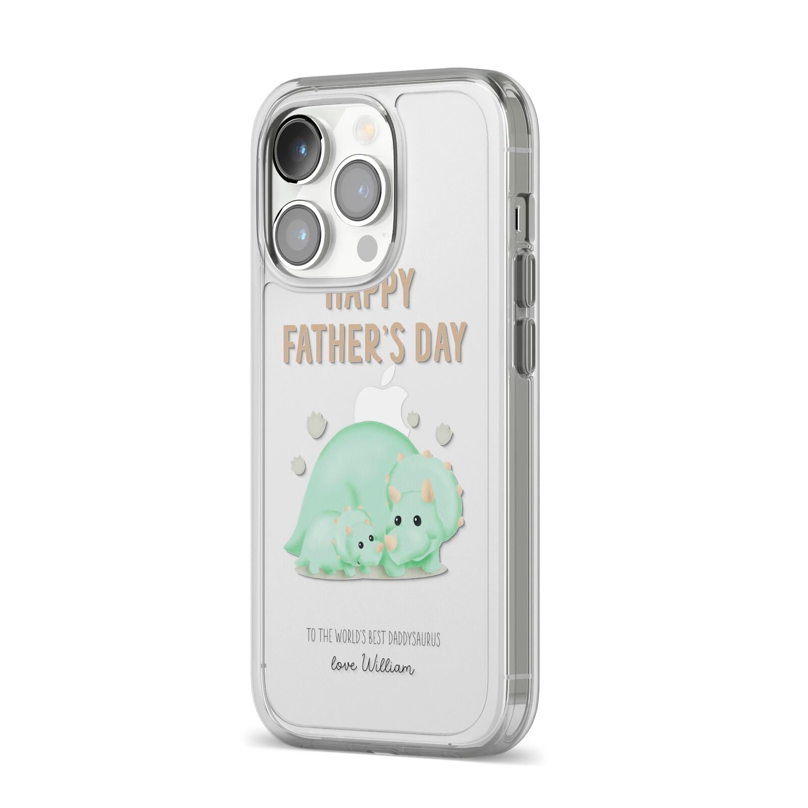 Happy Fathers Day Custom Triceratops iPhone 14 Pro Clear Tough Case Silver Angled Image