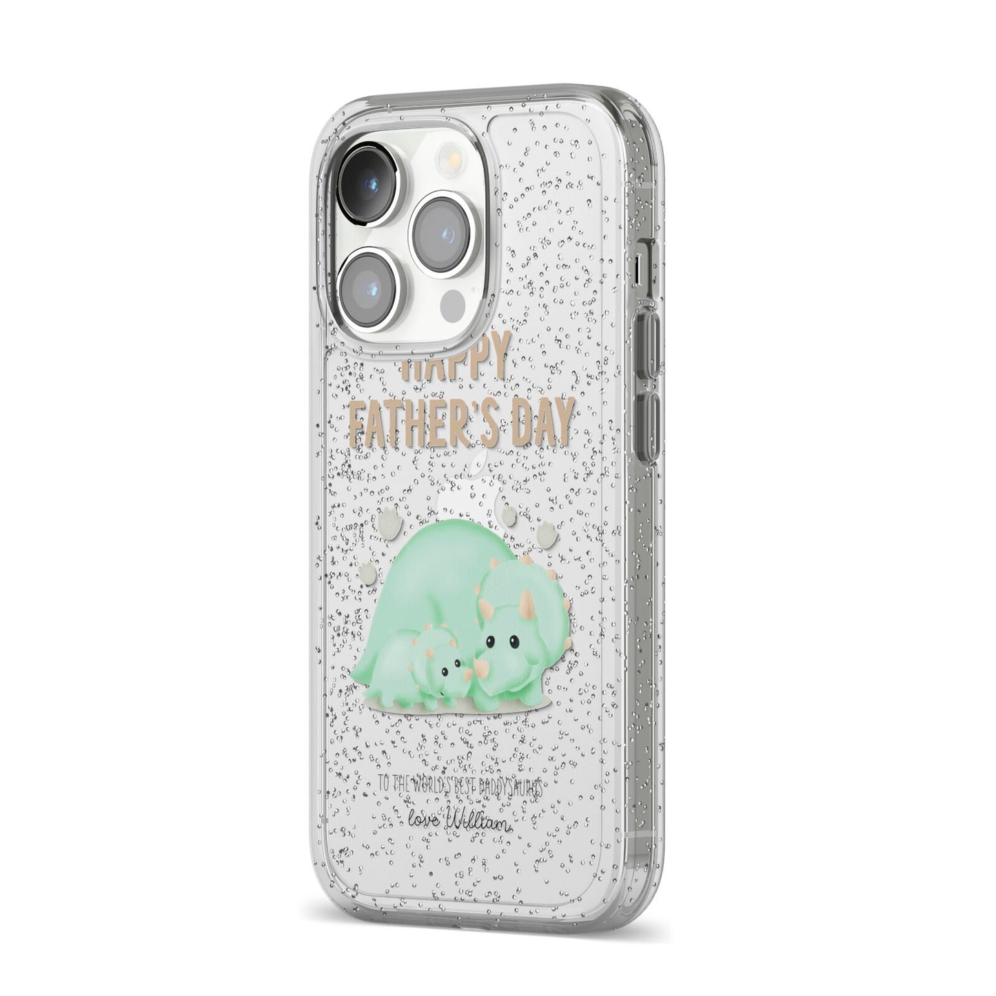 Happy Fathers Day Custom Triceratops iPhone 14 Pro Glitter Tough Case Silver Angled Image