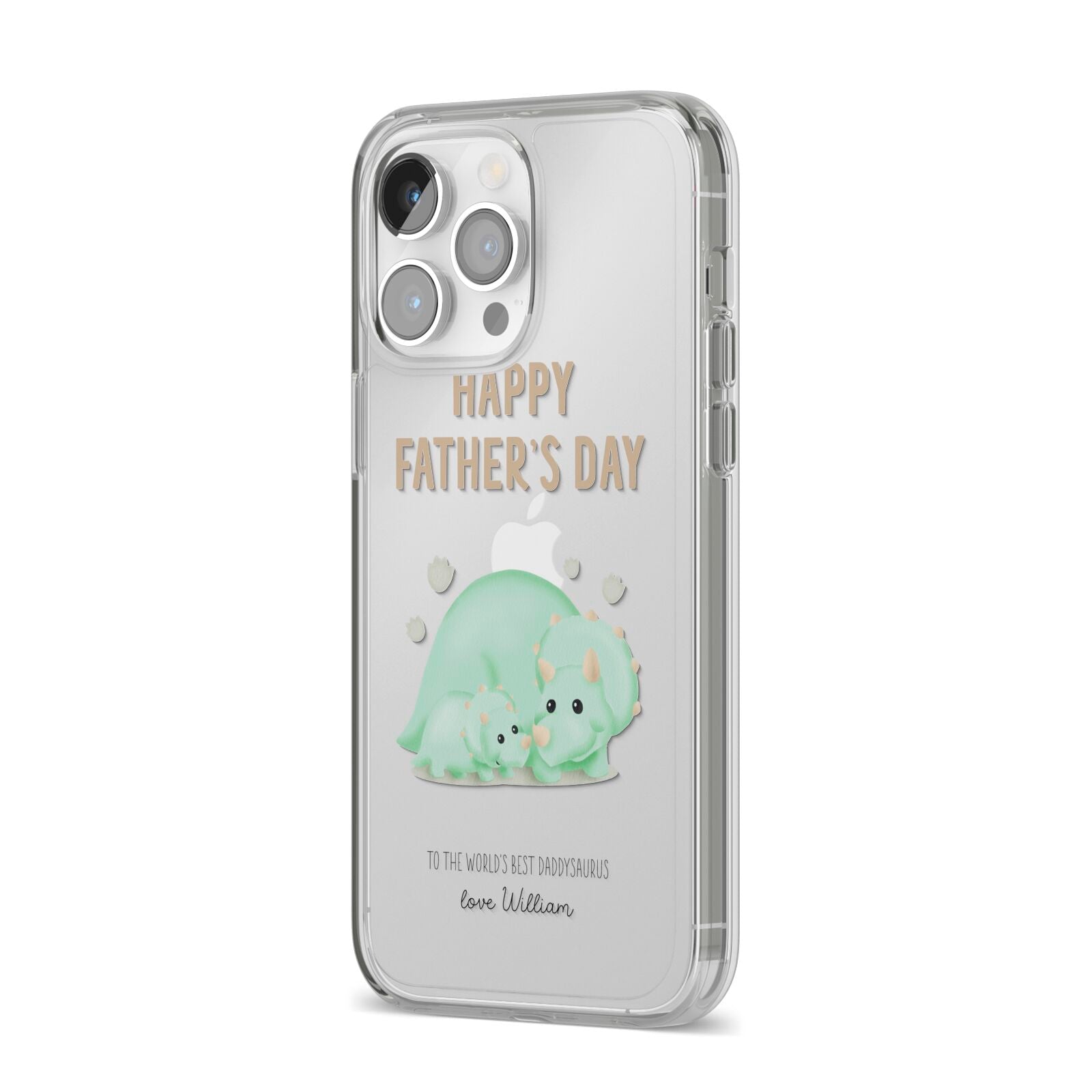 Happy Fathers Day Custom Triceratops iPhone 14 Pro Max Clear Tough Case Silver Angled Image