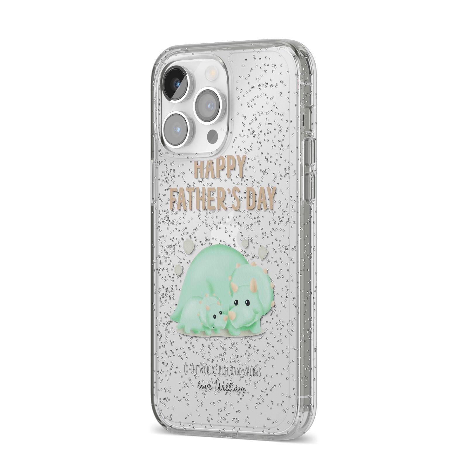 Happy Fathers Day Custom Triceratops iPhone 14 Pro Max Glitter Tough Case Silver Angled Image