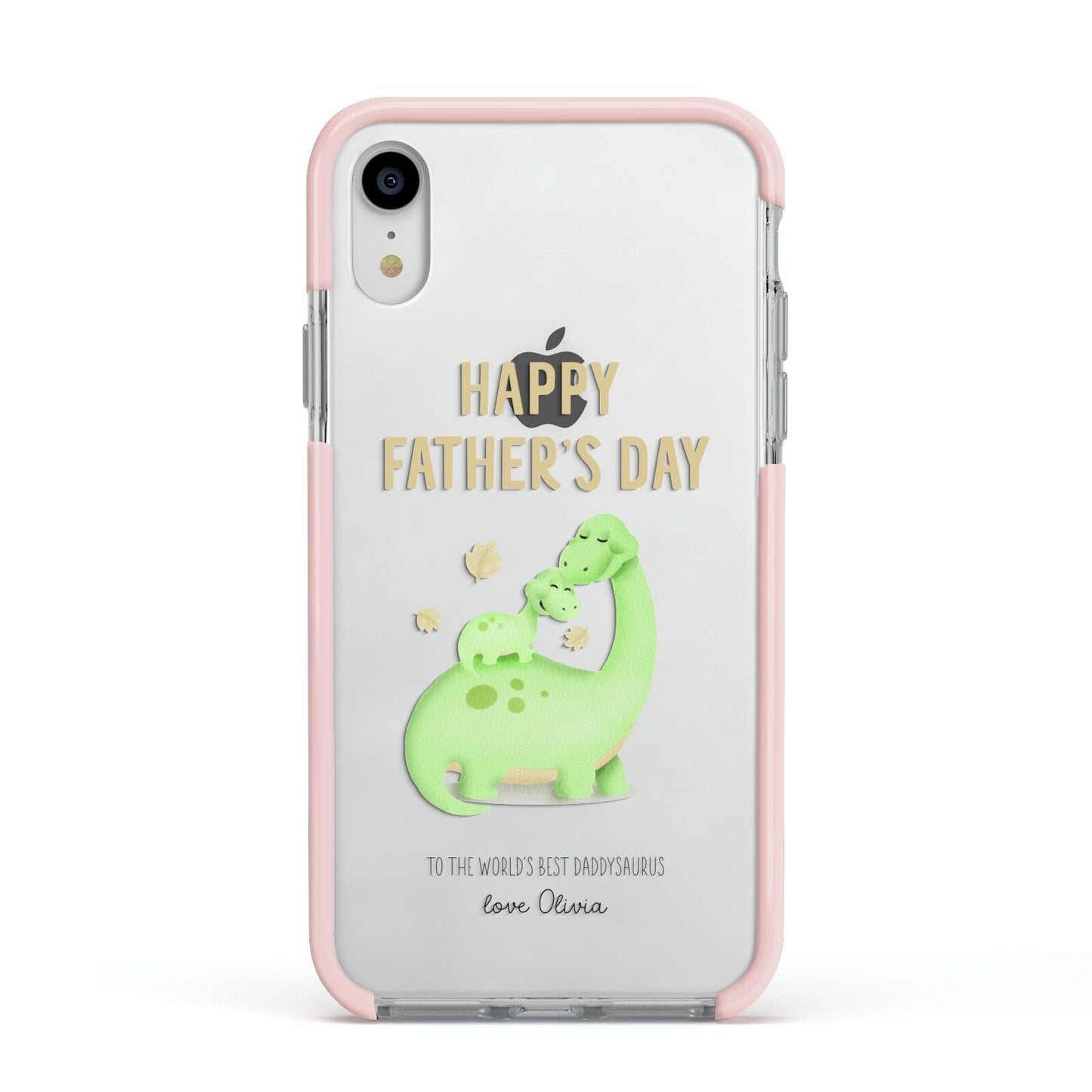 Happy Fathers Day Dino Apple iPhone XR Impact Case Pink Edge on Silver Phone