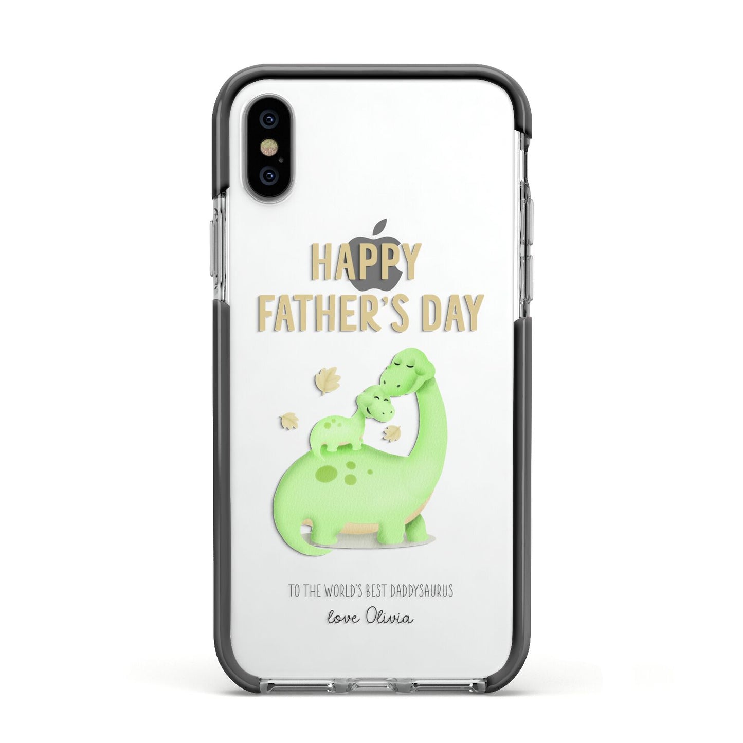 Happy Fathers Day Dino Apple iPhone Xs Impact Case Black Edge on Silver Phone