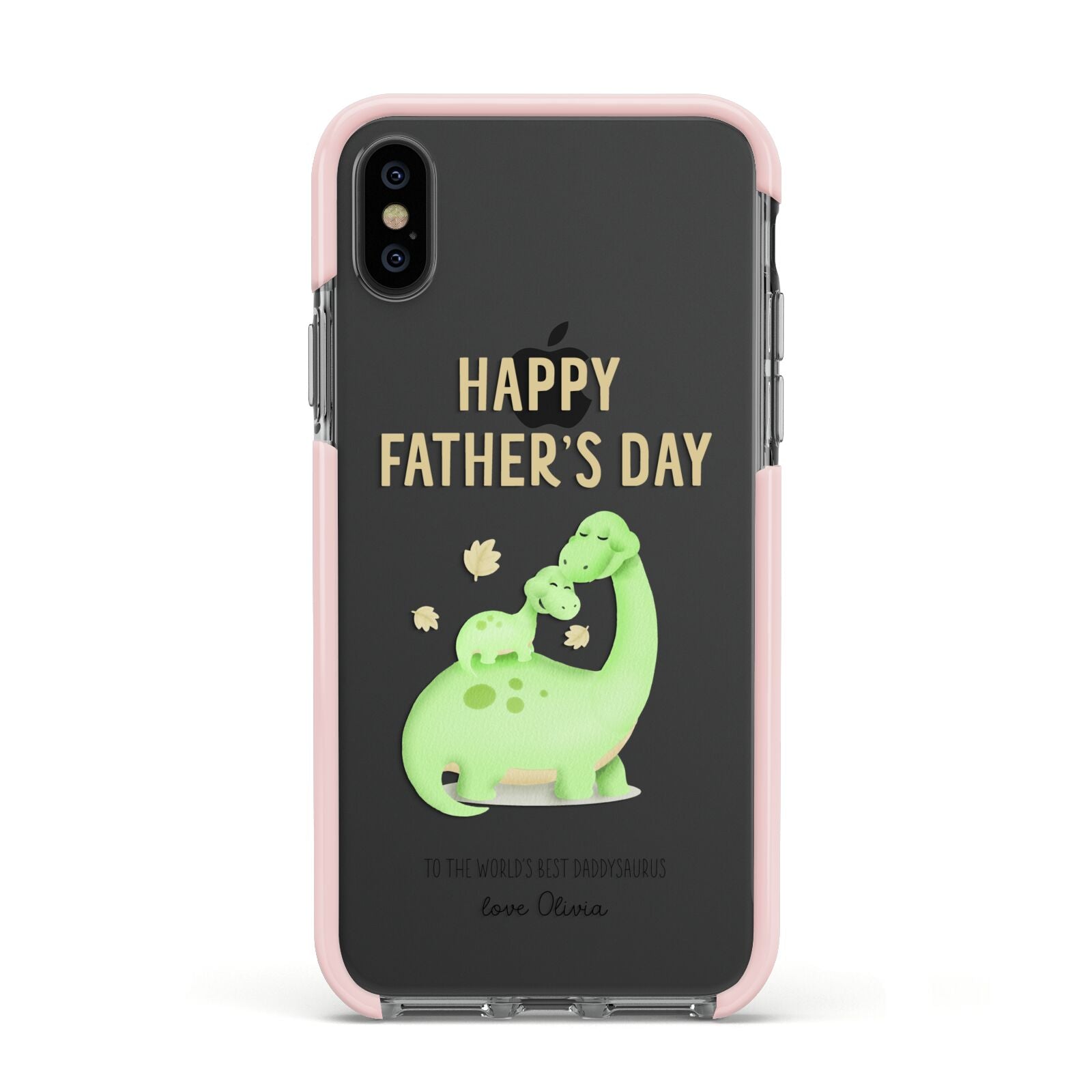 Happy Fathers Day Dino Apple iPhone Xs Impact Case Pink Edge on Black Phone