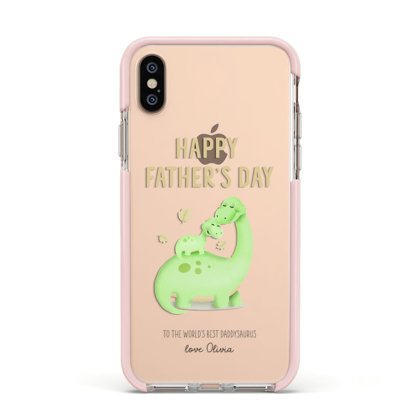 Happy Fathers Day Dino Apple iPhone Xs Impact Case Pink Edge on Gold Phone