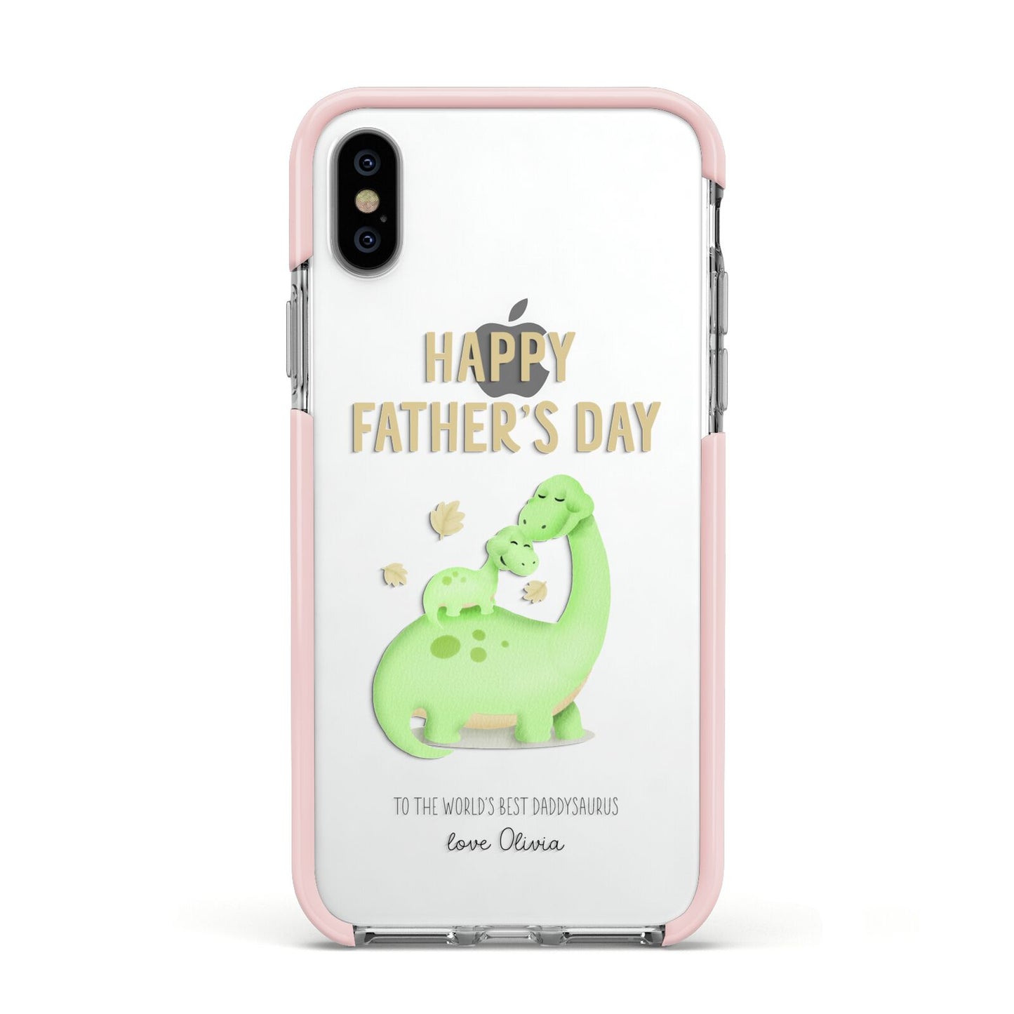 Happy Fathers Day Dino Apple iPhone Xs Impact Case Pink Edge on Silver Phone