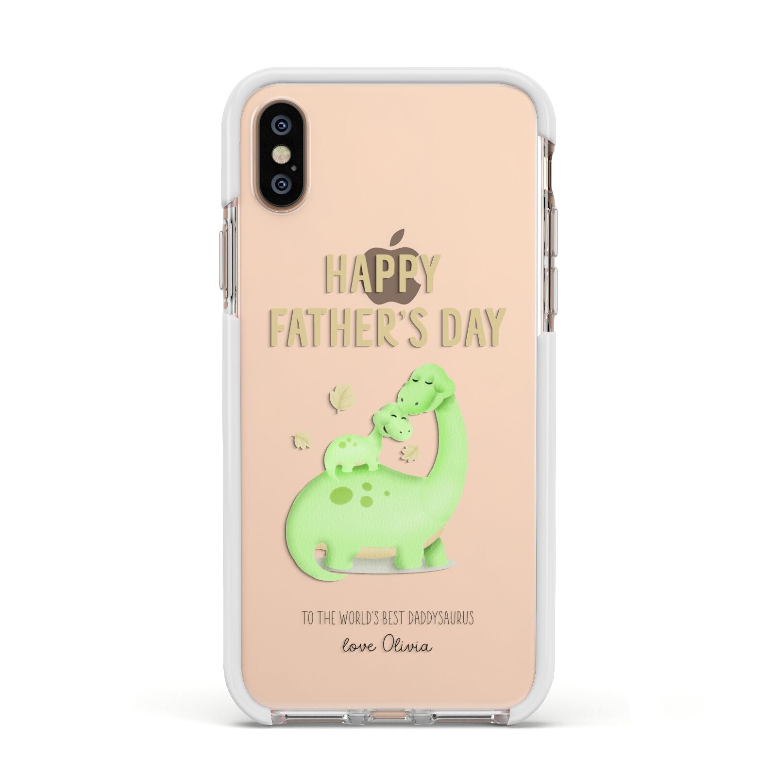 Happy Fathers Day Dino Apple iPhone Xs Impact Case White Edge on Gold Phone