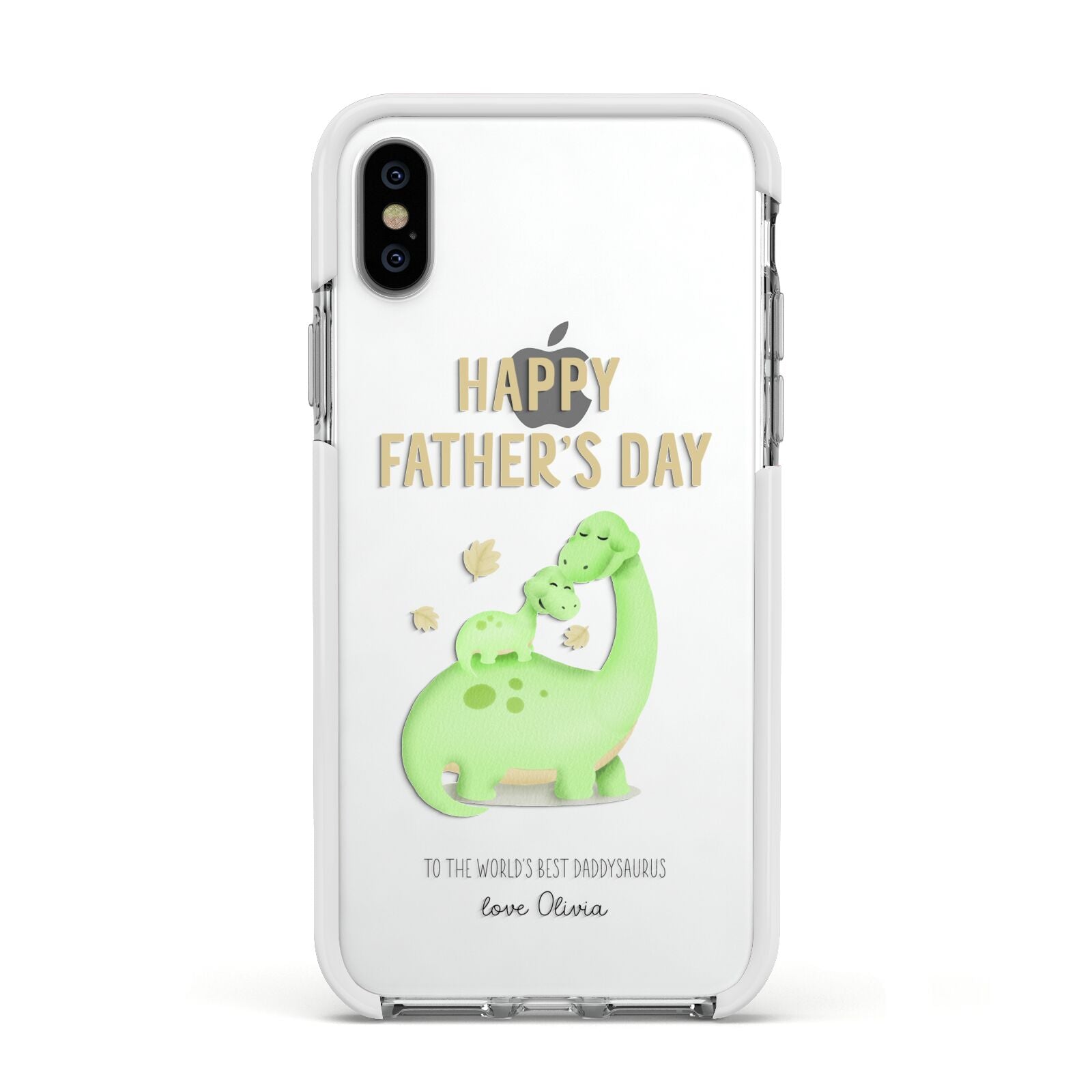 Happy Fathers Day Dino Apple iPhone Xs Impact Case White Edge on Silver Phone