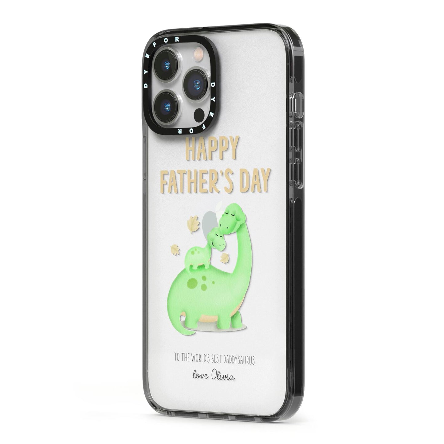 Happy Fathers Day Dino iPhone 13 Pro Max Black Impact Case Side Angle on Silver phone