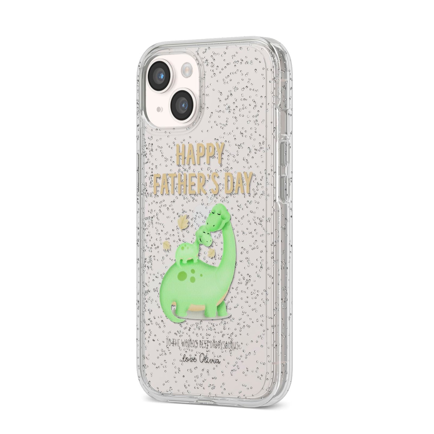 Happy Fathers Day Dino iPhone 14 Glitter Tough Case Starlight Angled Image