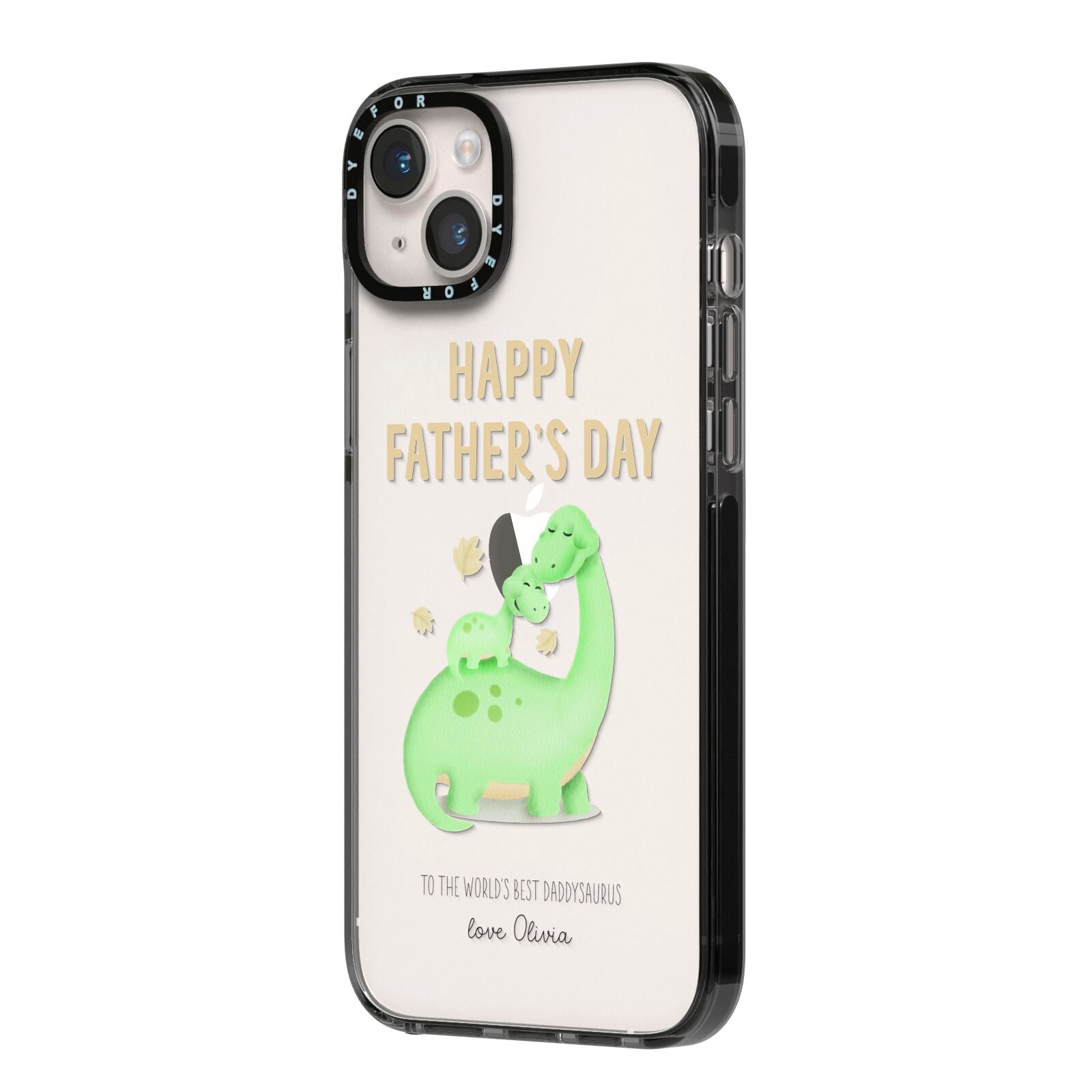 Happy Fathers Day Dino iPhone 14 Plus Black Impact Case Side Angle on Silver phone