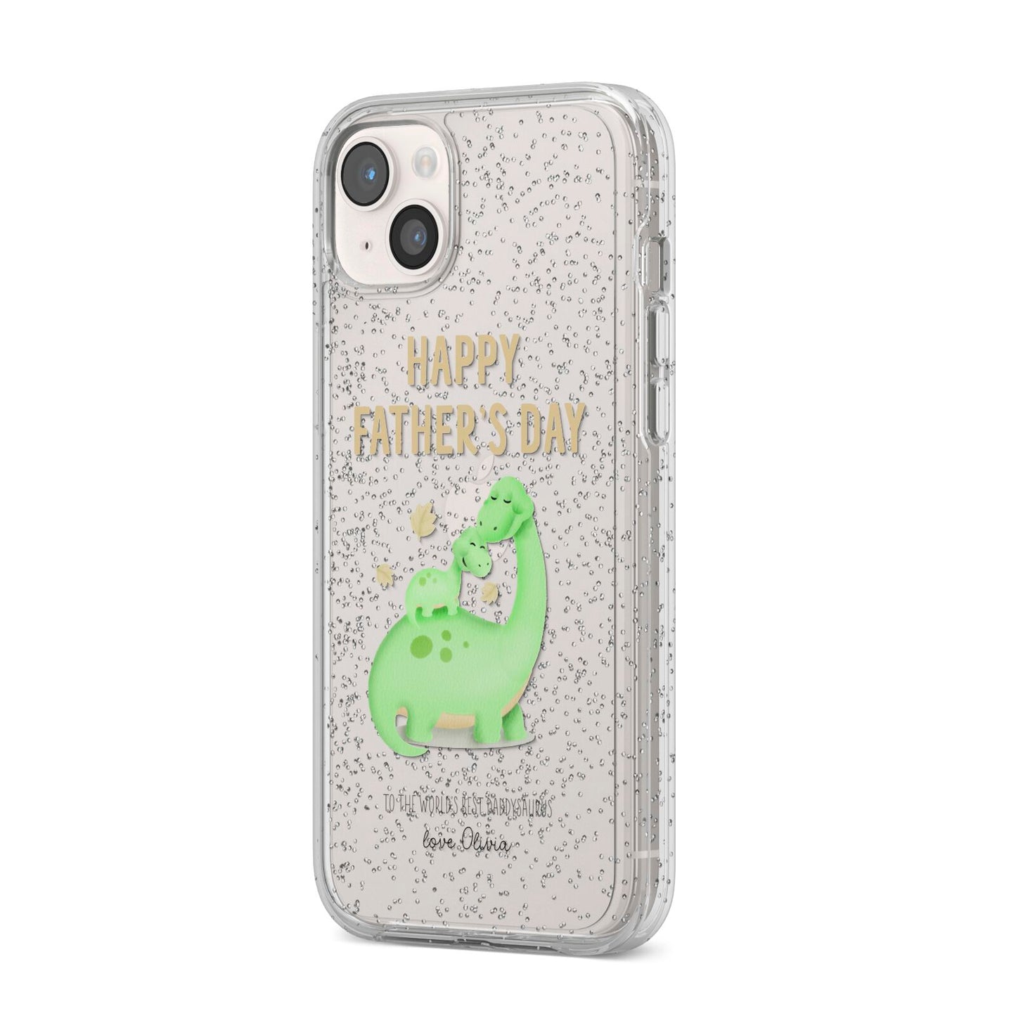 Happy Fathers Day Dino iPhone 14 Plus Glitter Tough Case Starlight Angled Image