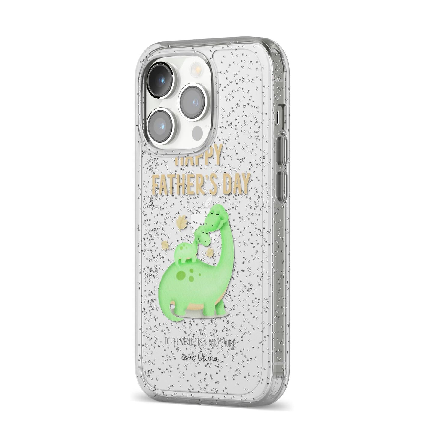 Happy Fathers Day Dino iPhone 14 Pro Glitter Tough Case Silver Angled Image